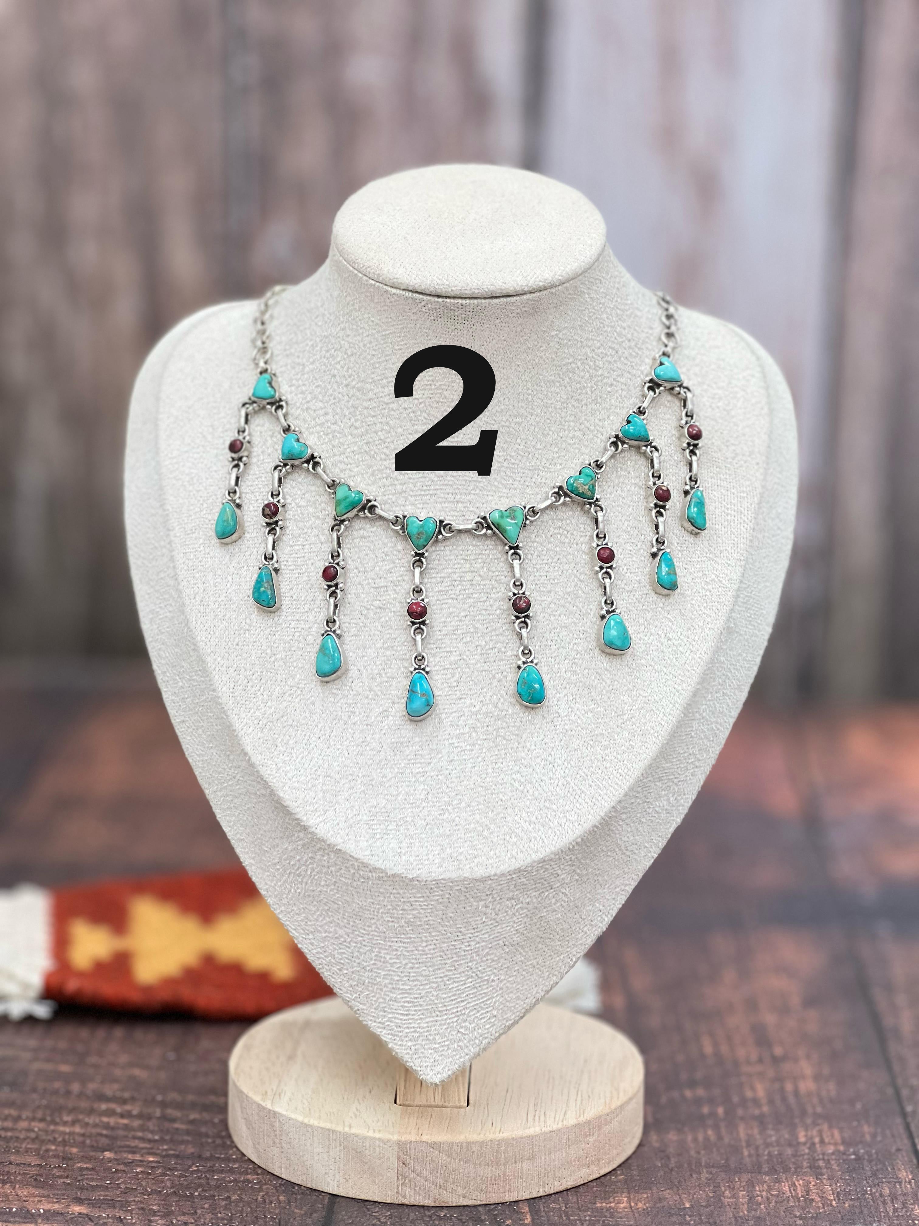 Handmade Sterling Silver Dahlia Rose with Emerald Valley Turquoise Necklace with Signed Nizhoni