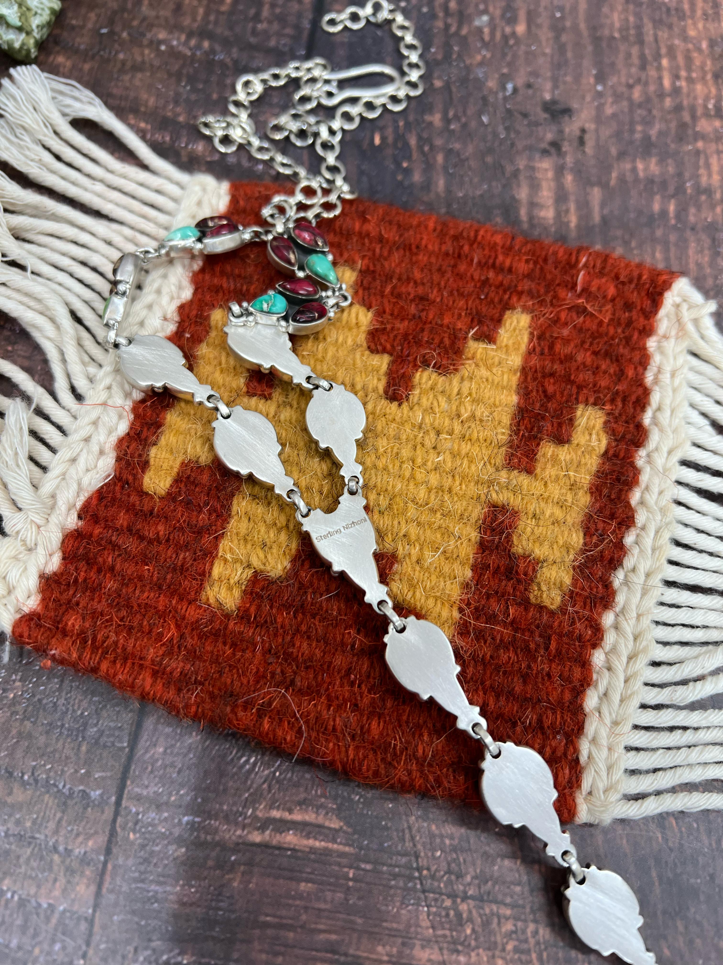 Handmade Sterling Silver Dahlia Rose with Emerald Valley Turquoise Necklace, Signed Nizhoni