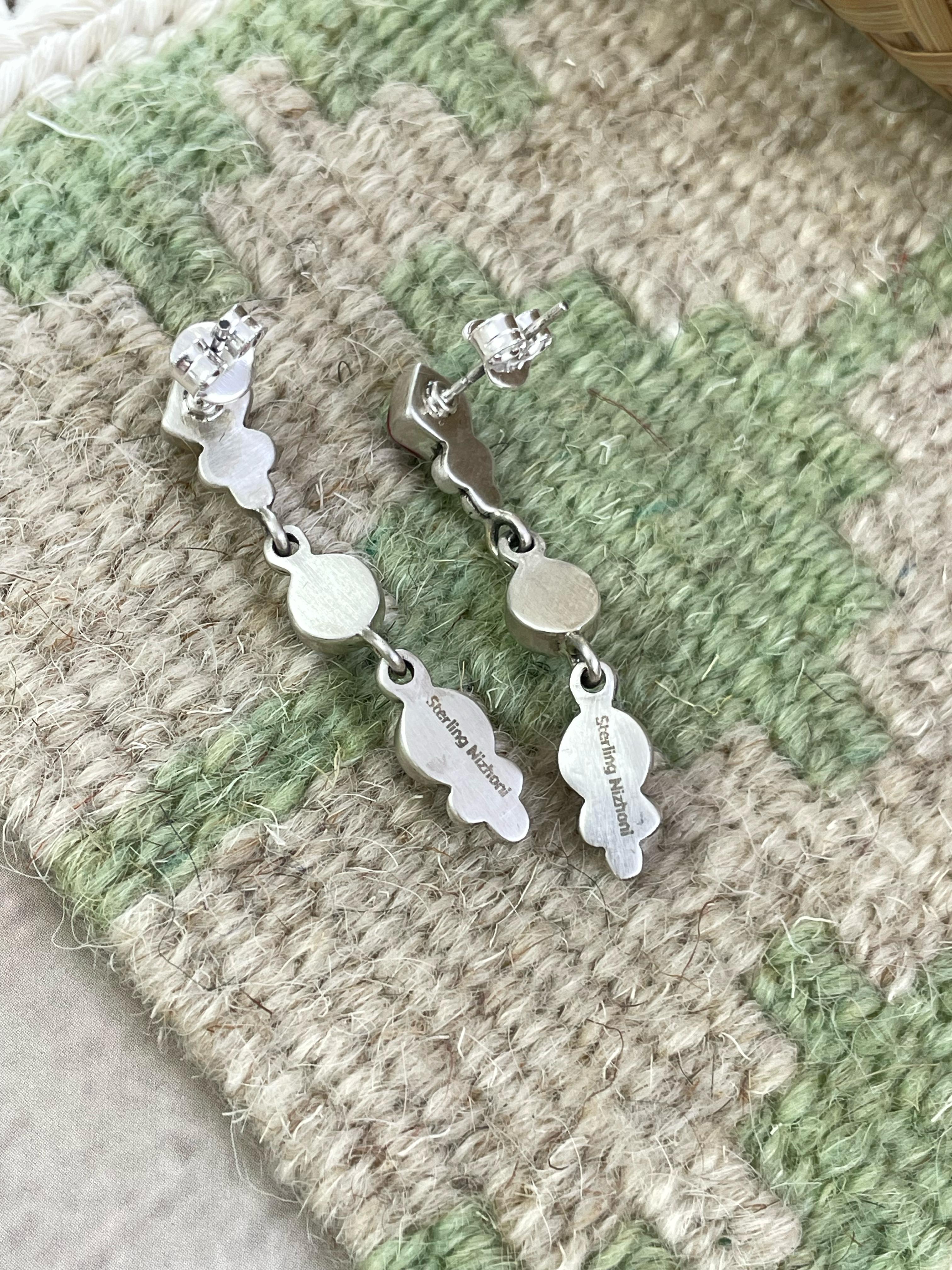 Handmade Sterling Silver Dahlia Rose with Emerald Valley Turquoise Dangle Earrings with Signed Nizhoni