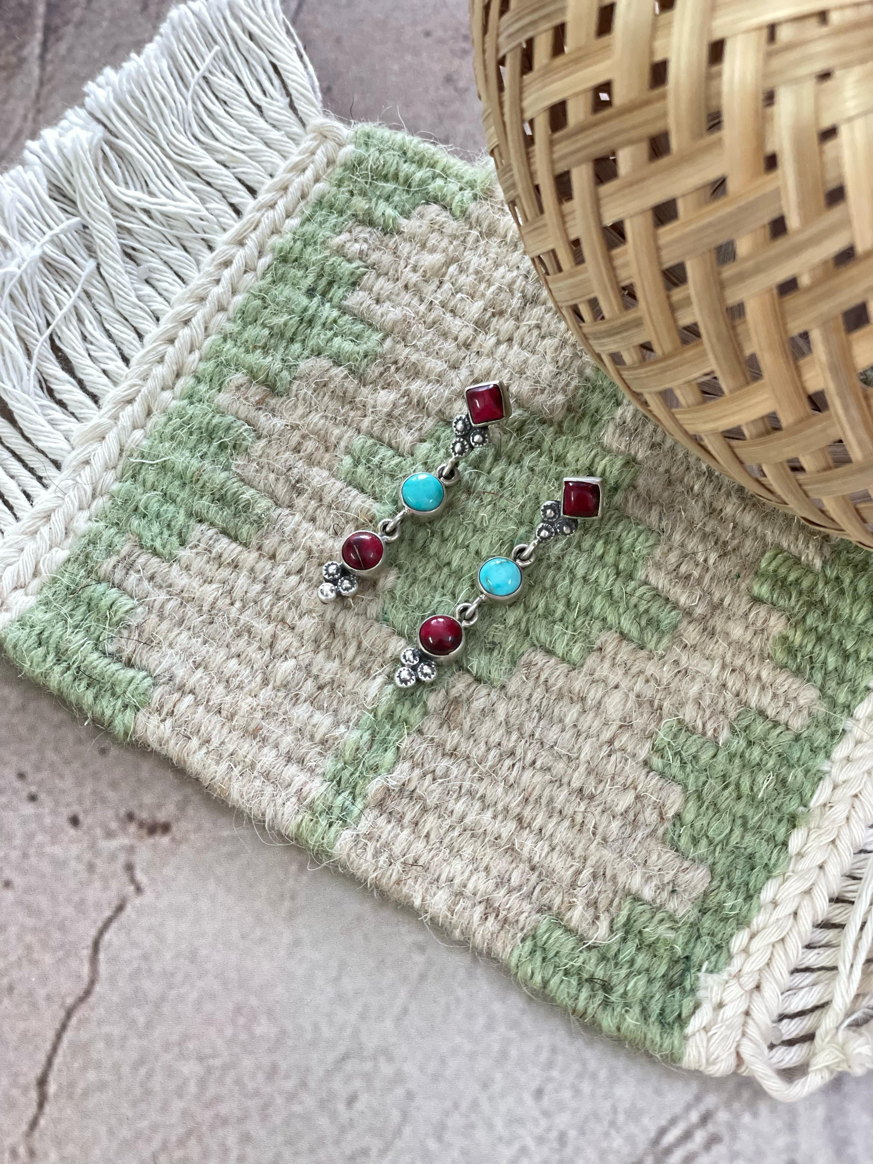 Handmade Sterling Silver Dahlia Rose with Emerald Valley Turquoise Dangle Earrings with Signed Nizhoni