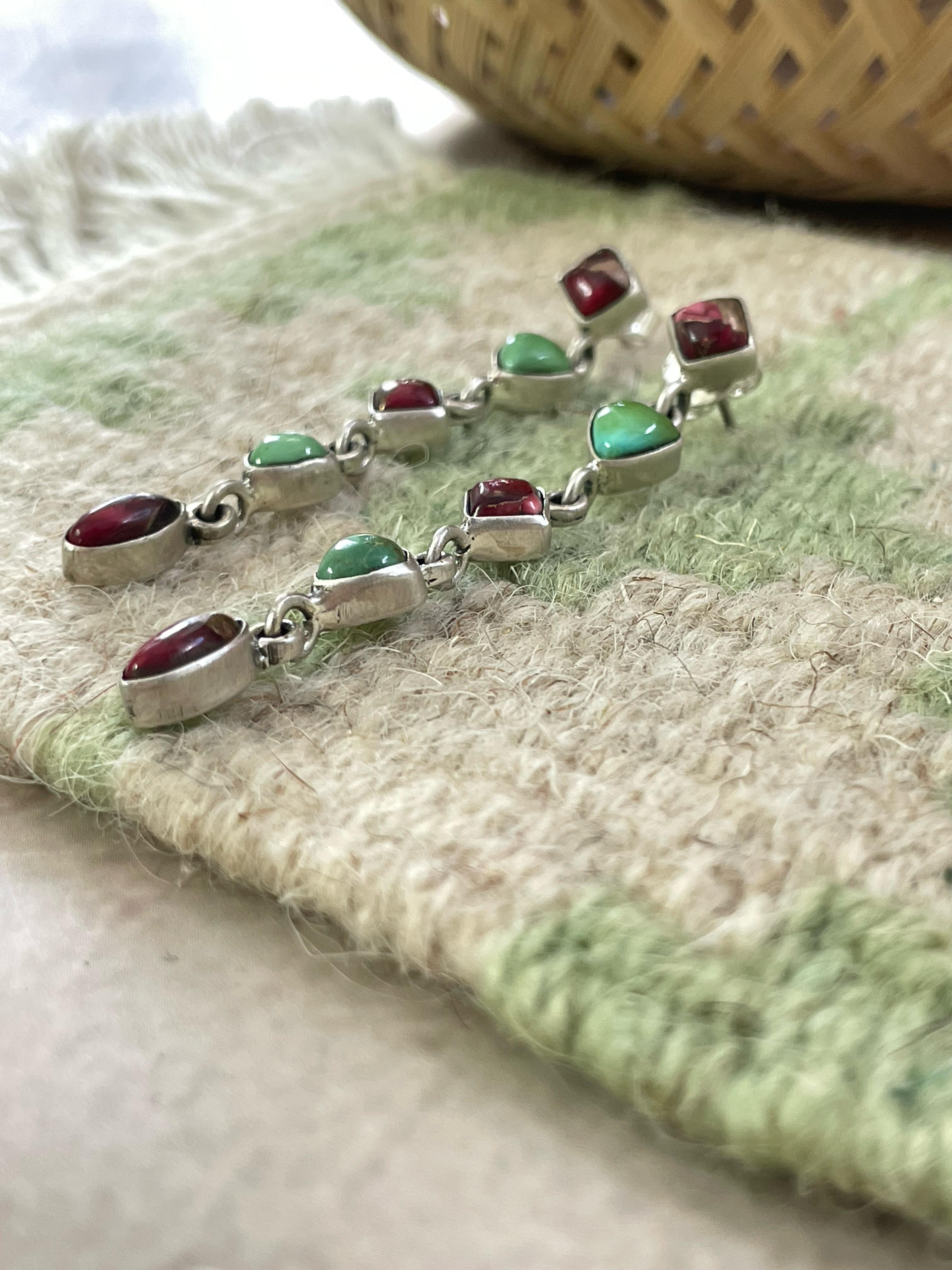 Handmade Sterling Silver Handmade Sterling Silver Dahlia Rose with Emerald Valley Turquoise Post Earrings with Signed Nizhoni