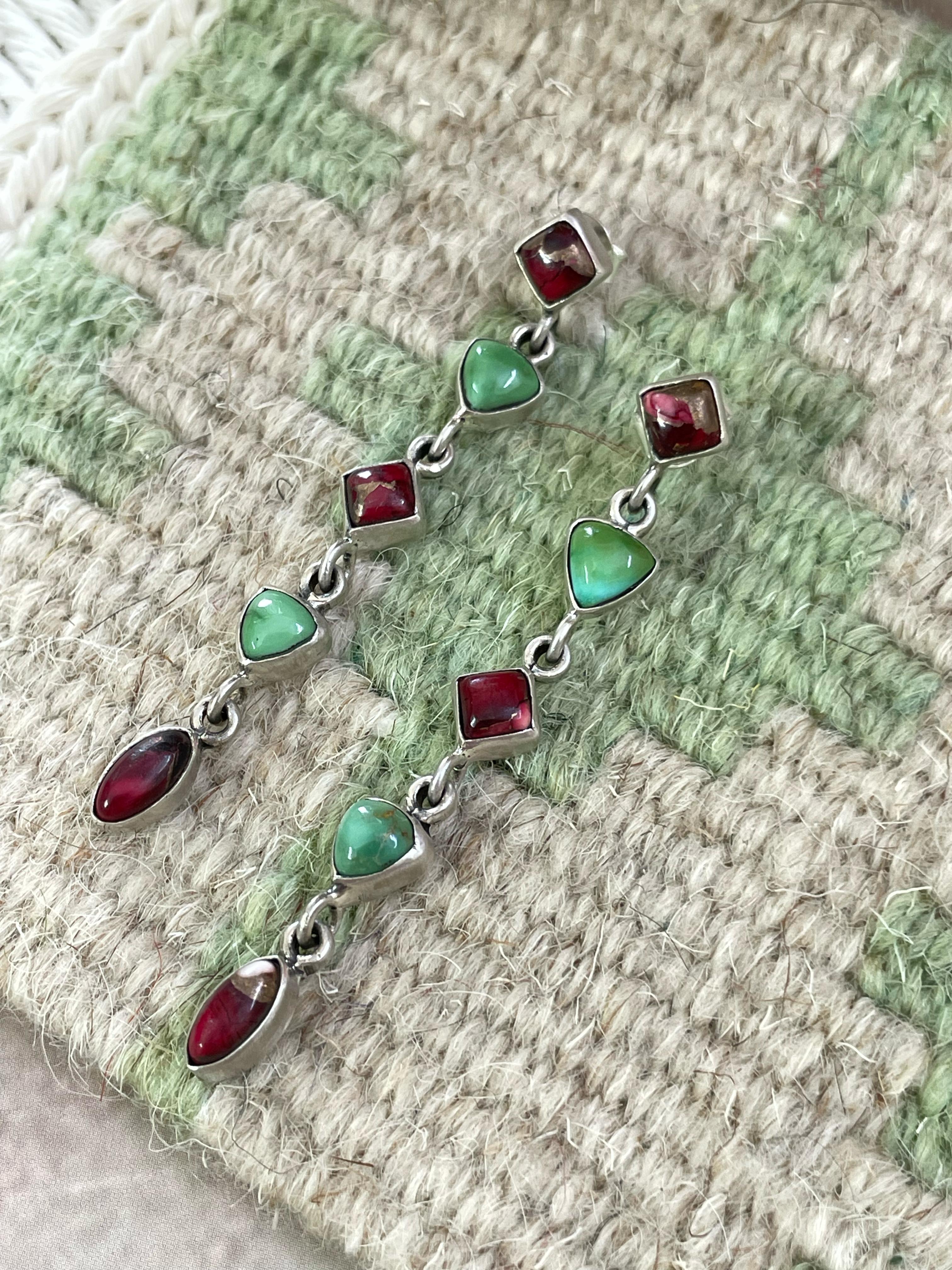 Handmade Sterling Silver Handmade Sterling Silver Dahlia Rose with Emerald Valley Turquoise Post Earrings with Signed Nizhoni