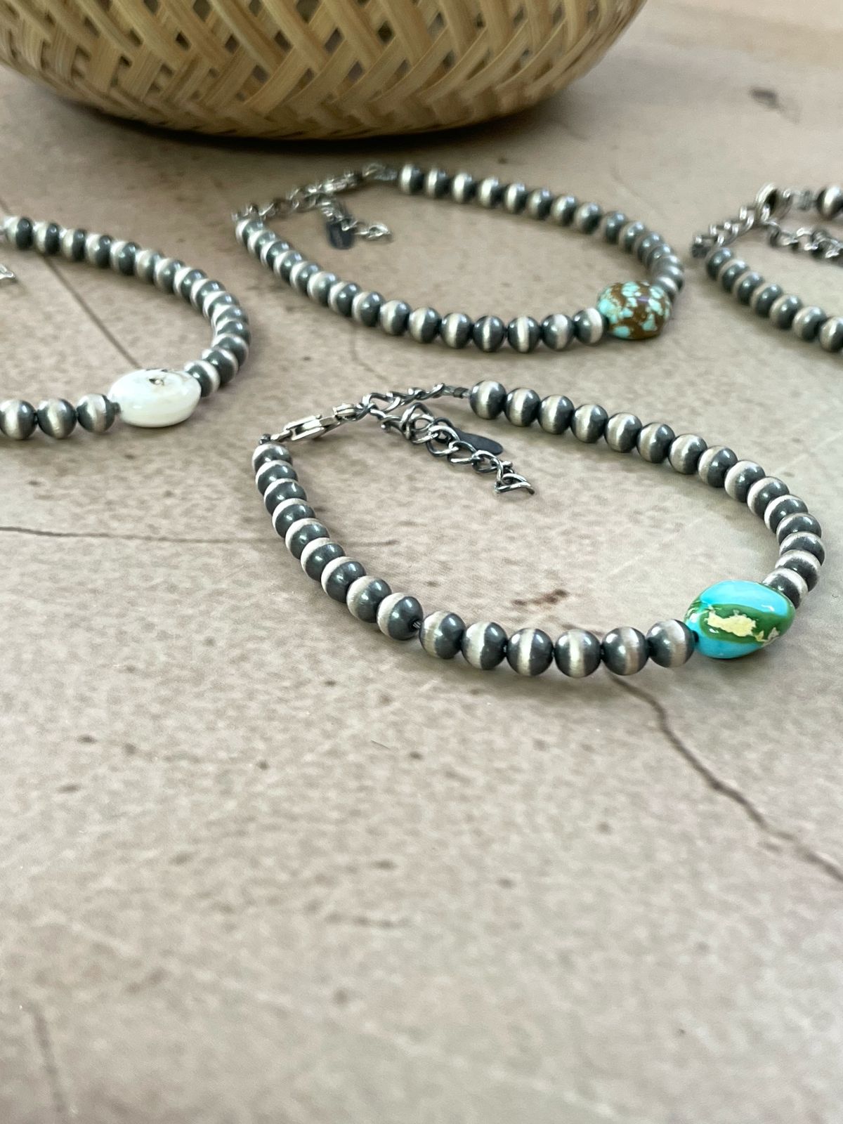 Handmade Sterling Silver Multi Stone Beaded Bracelet with Signed Nizhoni