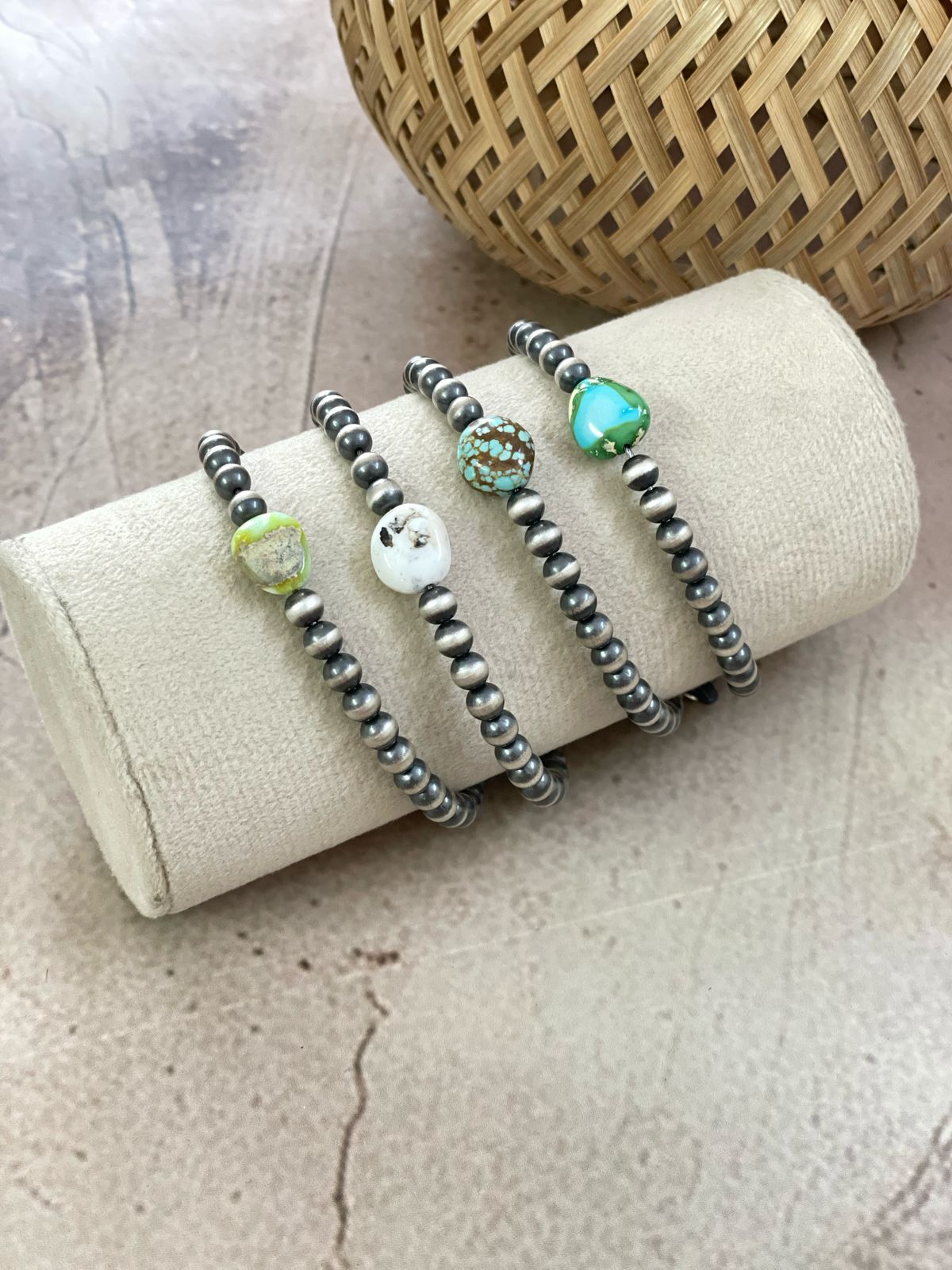 Handmade Sterling Silver Multi Stone Beaded Bracelet with Signed Nizhoni