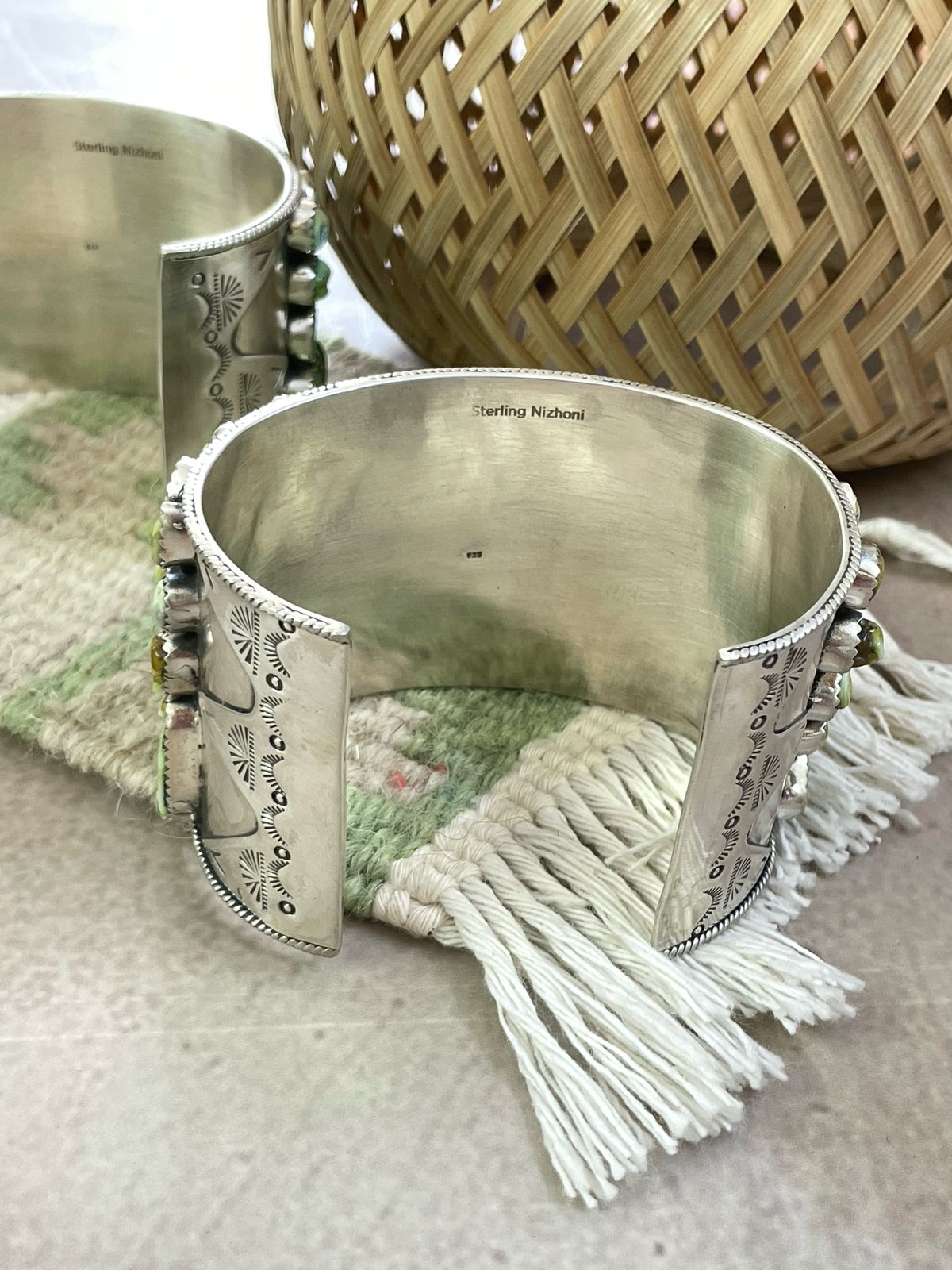 Handmade Sterling Silver Sonoran Mountain, Palomino Turquoise Cuff Bracelet with Signed Nizhoni