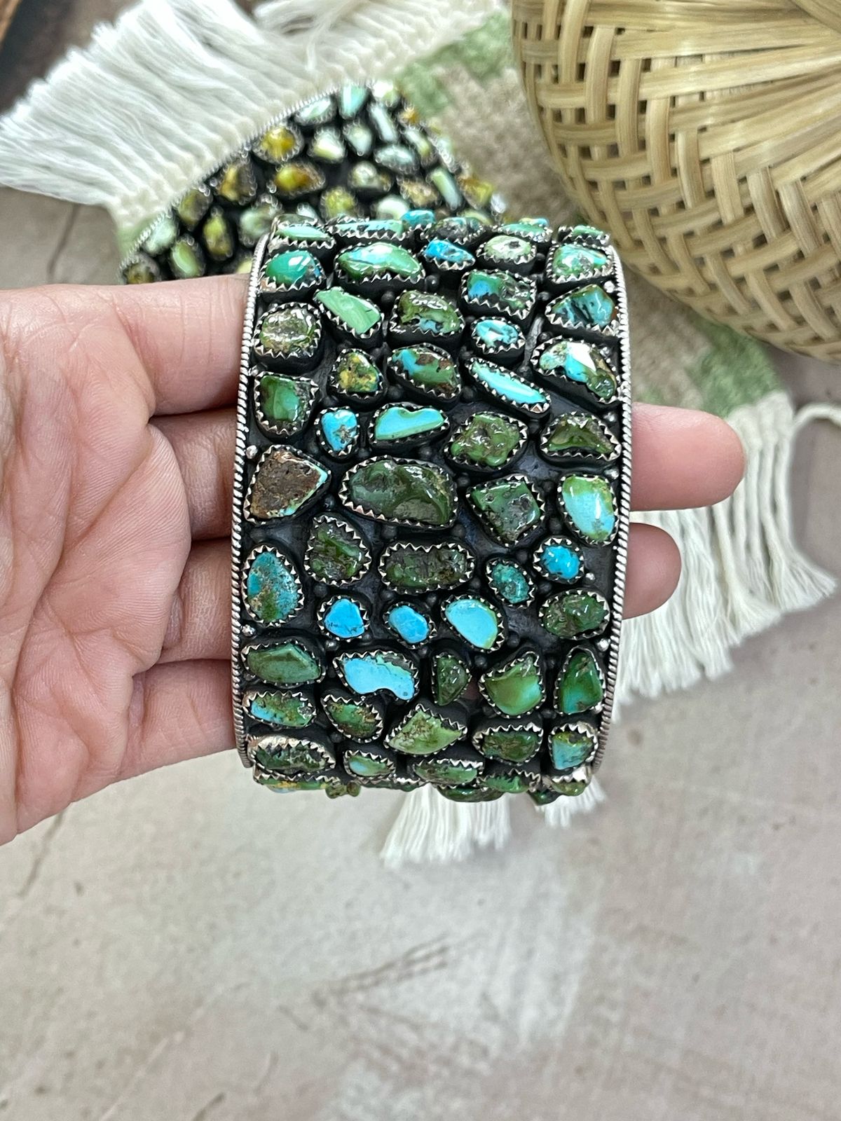Handmade Sterling Silver Sonoran Mountain, Palomino Turquoise Cuff Bracelet with Signed Nizhoni