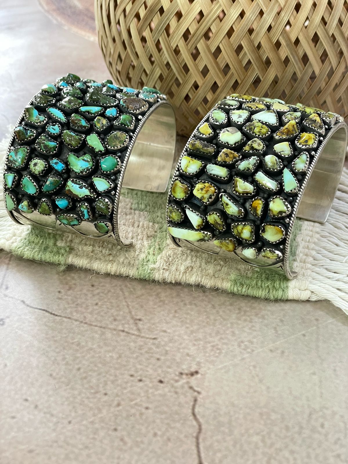 Handmade Sterling Silver Sonoran Mountain, Palomino Turquoise Cuff Bracelet with Signed Nizhoni