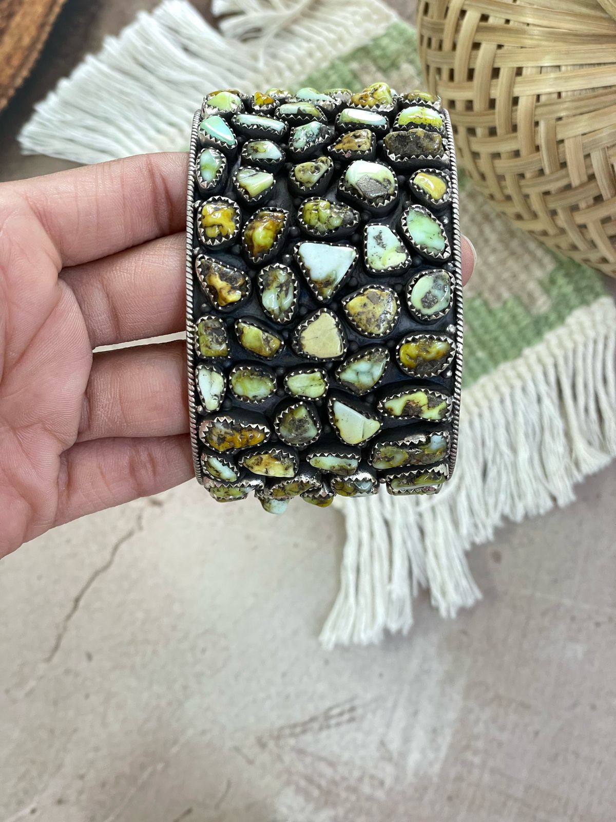 Handmade Sterling Silver Sonoran Mountain, Palomino Turquoise Cuff Bracelet with Signed Nizhoni