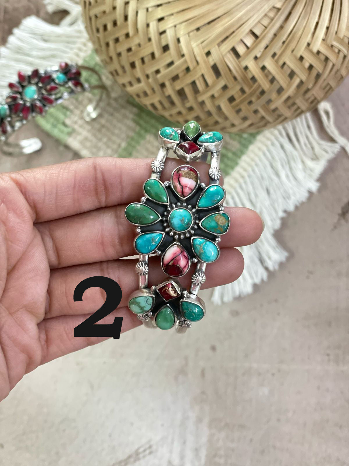 Handmade Sterling Silver Dahlia Rose with Emerald Valley Turquoise Cuff/Flower Bracelet with Signed Nizhoni