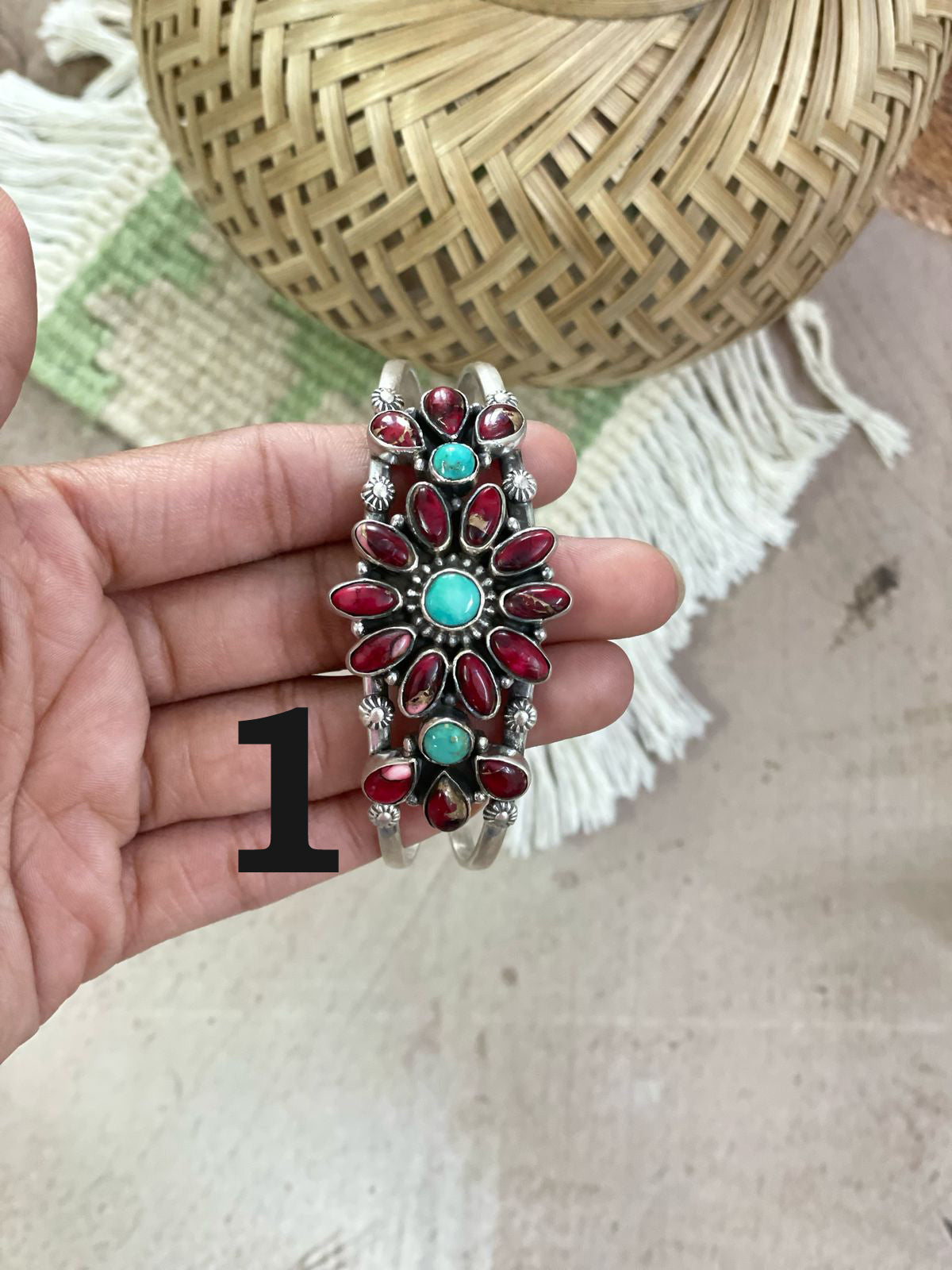 Handmade Sterling Silver Dahlia Rose with Emerald Valley Turquoise Cuff/Flower Bracelet with Signed Nizhoni