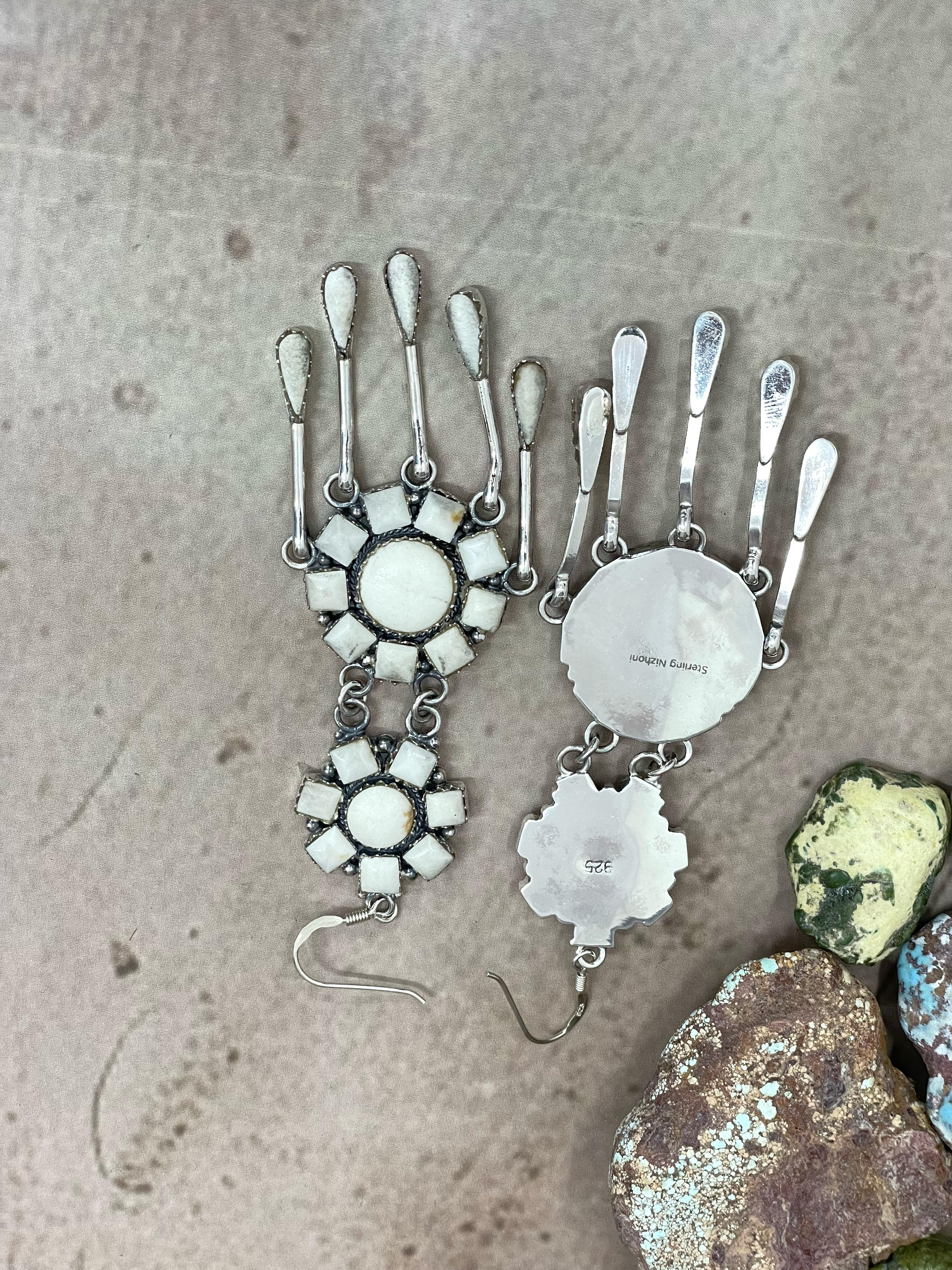 Handmade Sterling Silver White Buffalo Turquoise Dangle Earrings, Signed Nizhoni