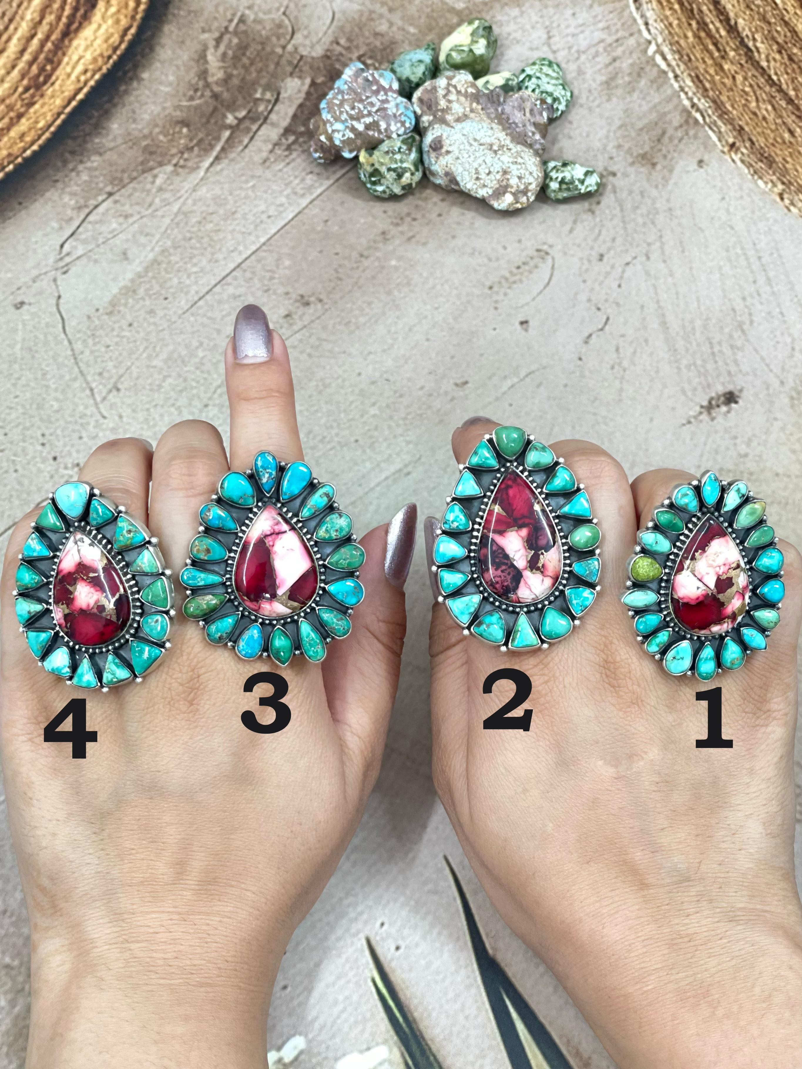 Handmade Sterling Silver Emerald Valley with Dahlia Rose Adjustable Ring, Signed Nizhoni