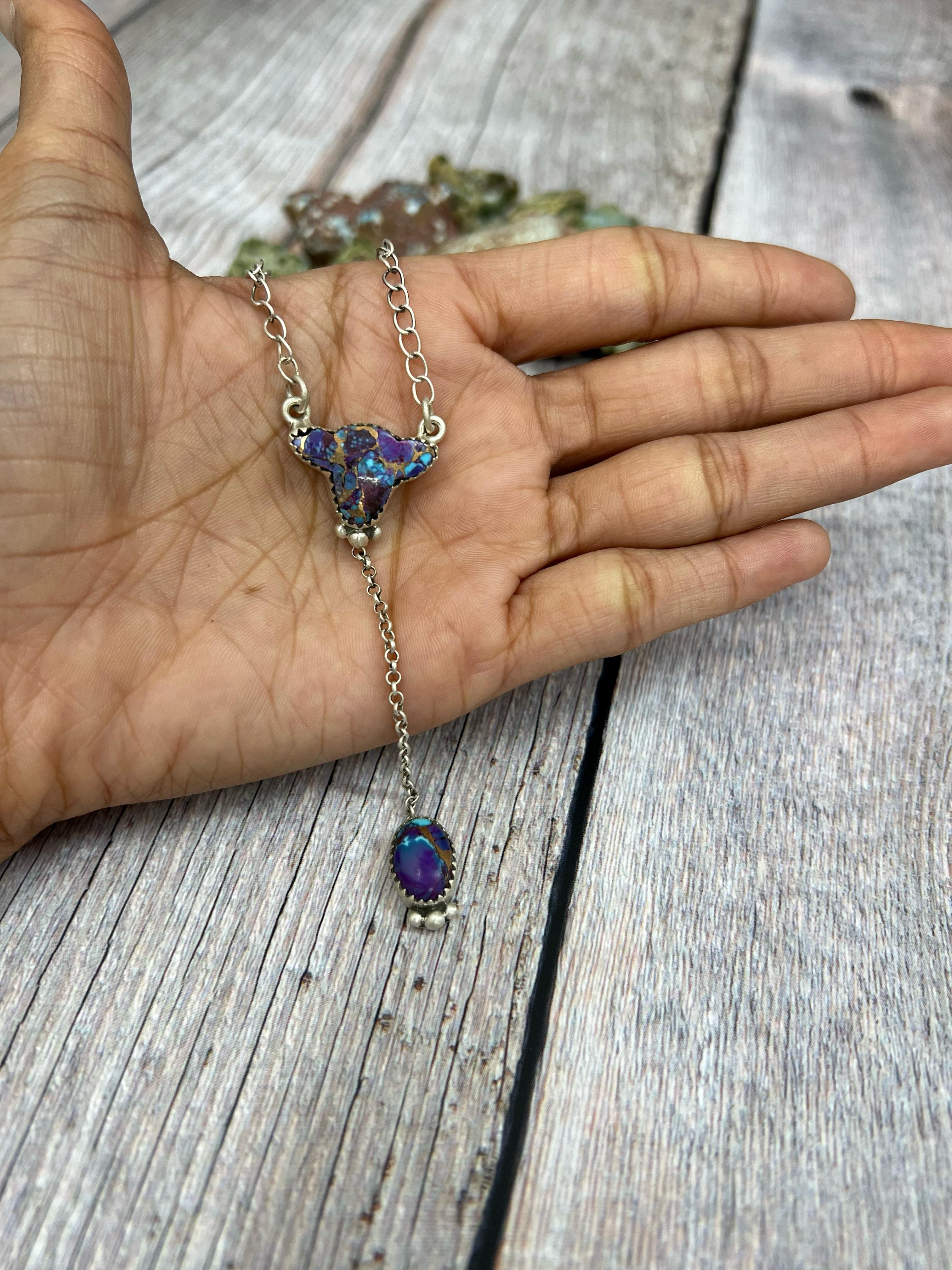 Handmade Sterling Silver Purple Kingman Mojave Bull Necklace with Signed Nizhoni