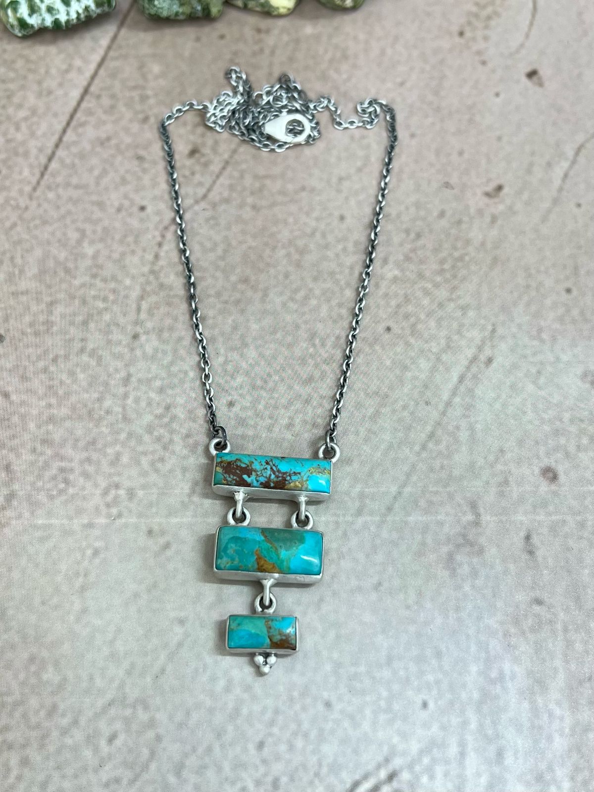 Handmade Sterling Silver Kingman Turquoise Necklace with Signed Nizhoni