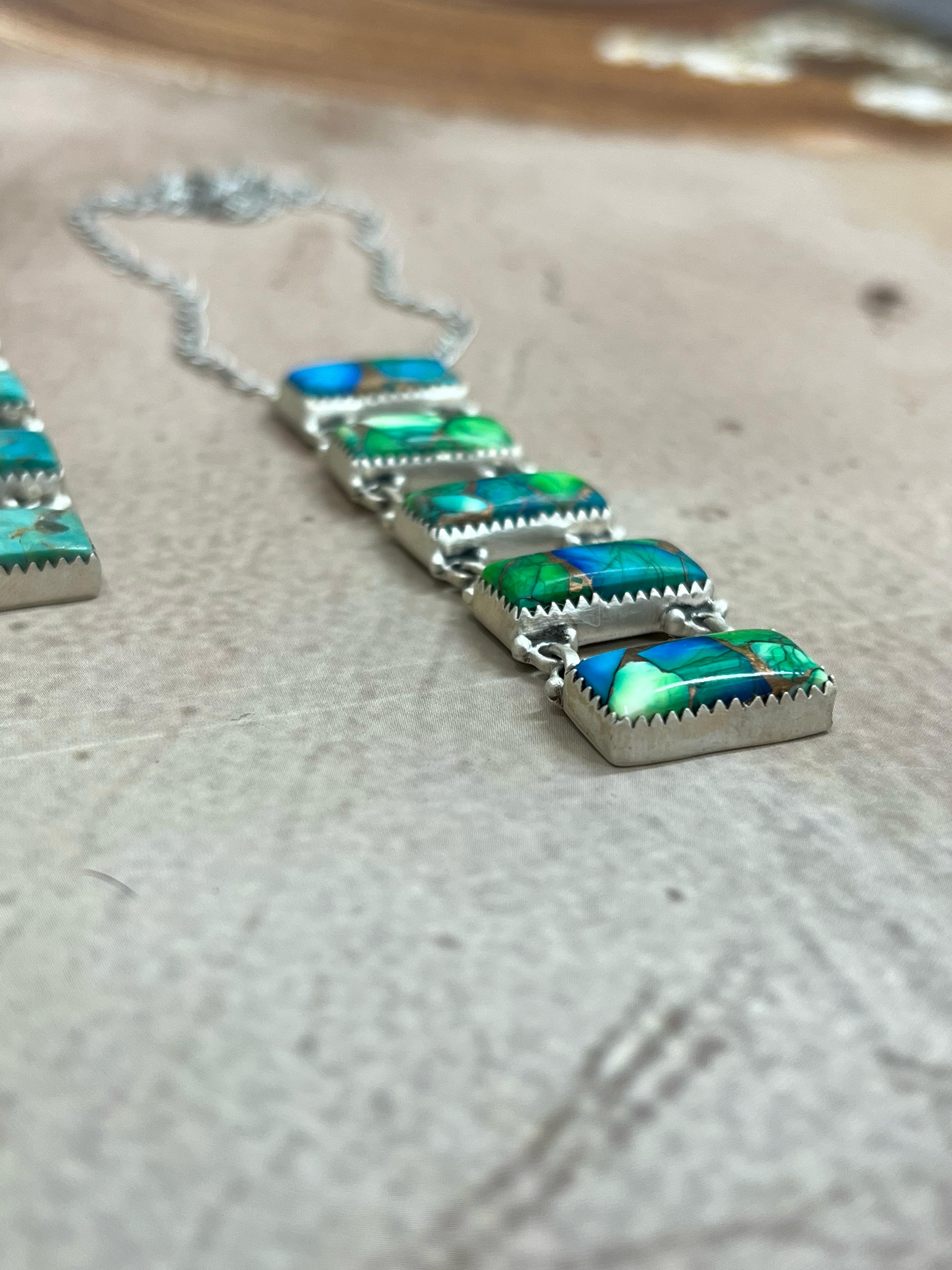 Handmade Sterling Silver Kingman Turquoise, Peacock Dahlia Necklace with Signed Nizhoni (h6)