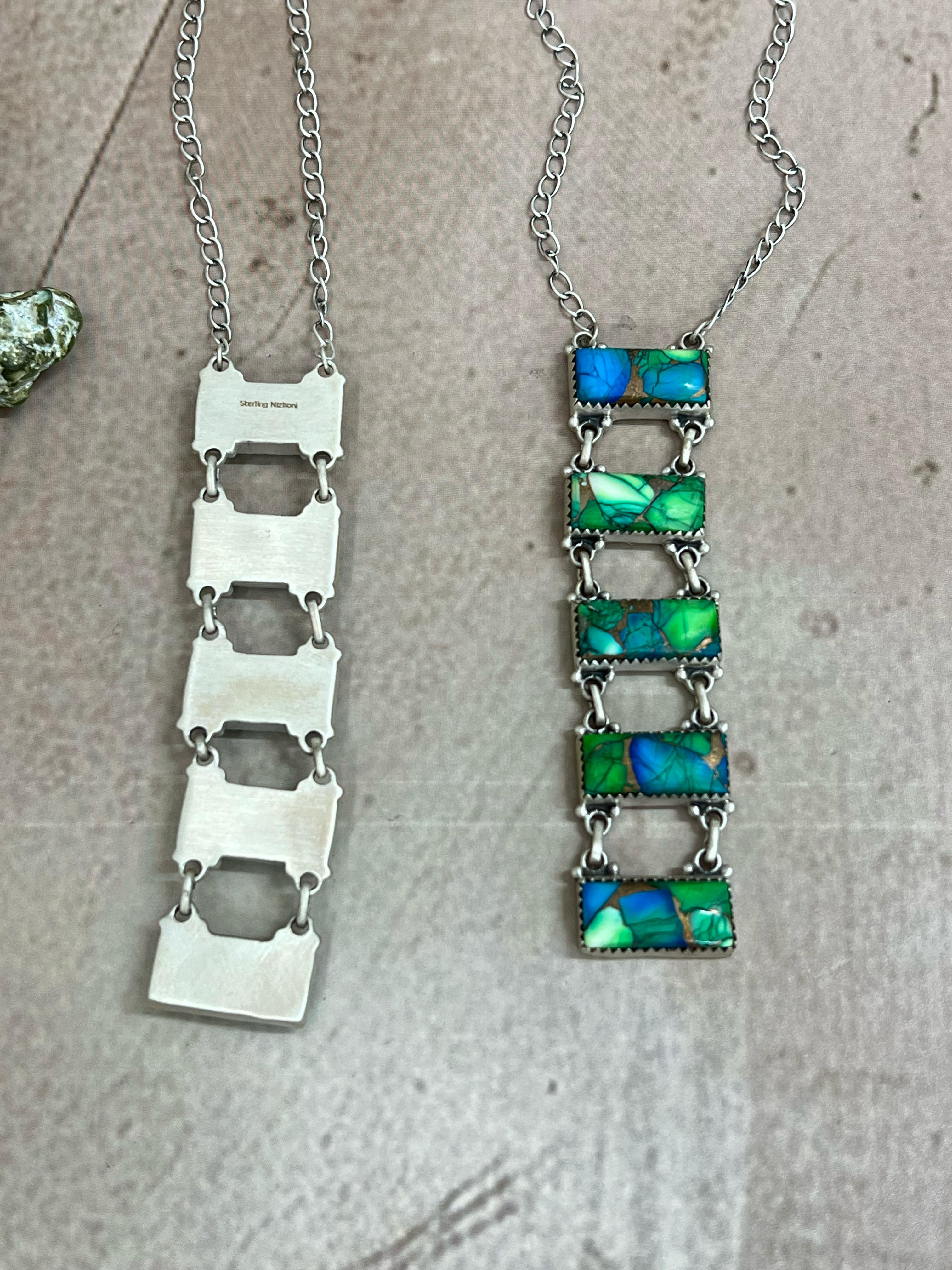 Handmade Sterling Silver Kingman Turquoise, Peacock Dahlia Necklace with Signed Nizhoni (h6)