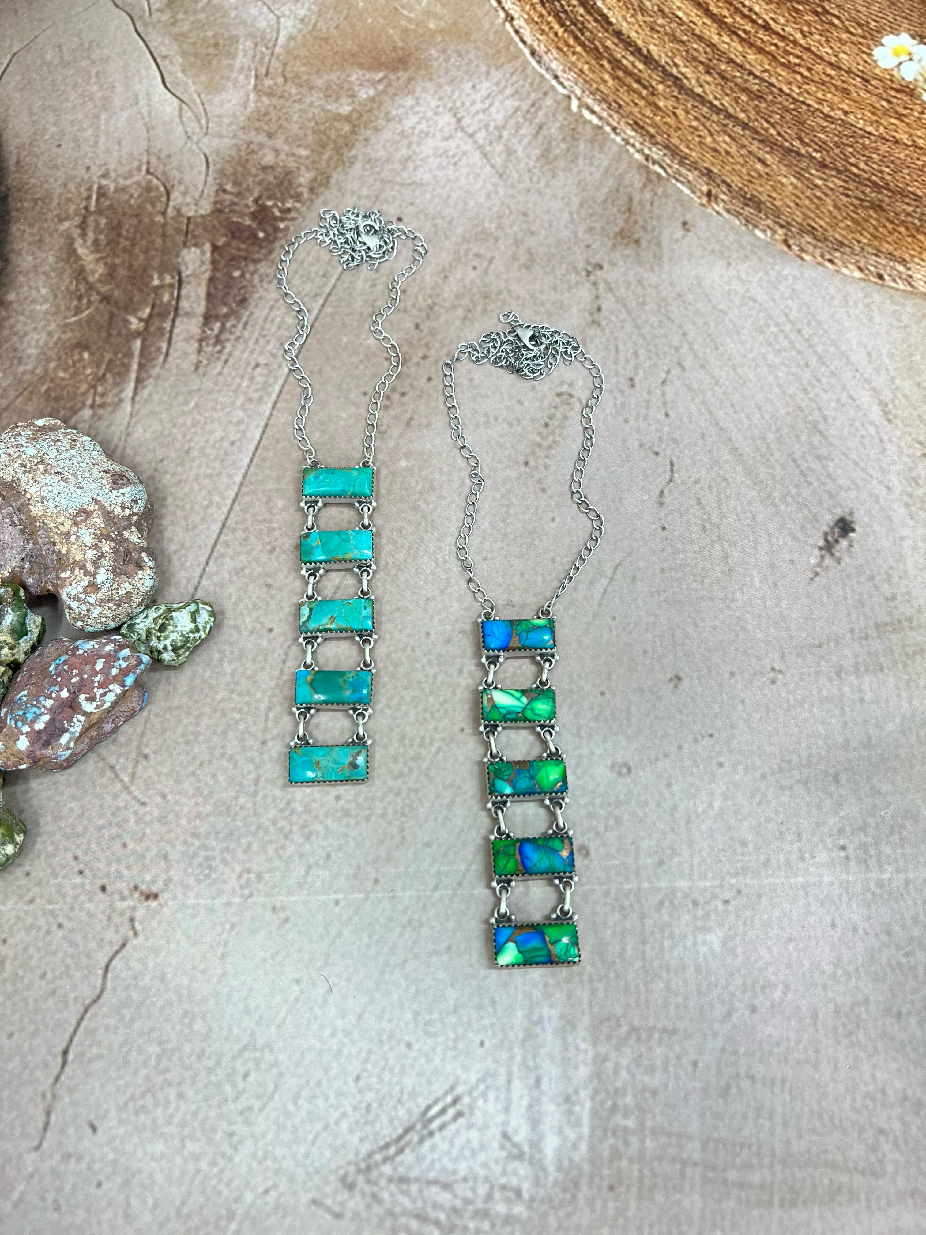 Handmade Sterling Silver Kingman Turquoise, Peacock Dahlia Necklace with Signed Nizhoni (h6)