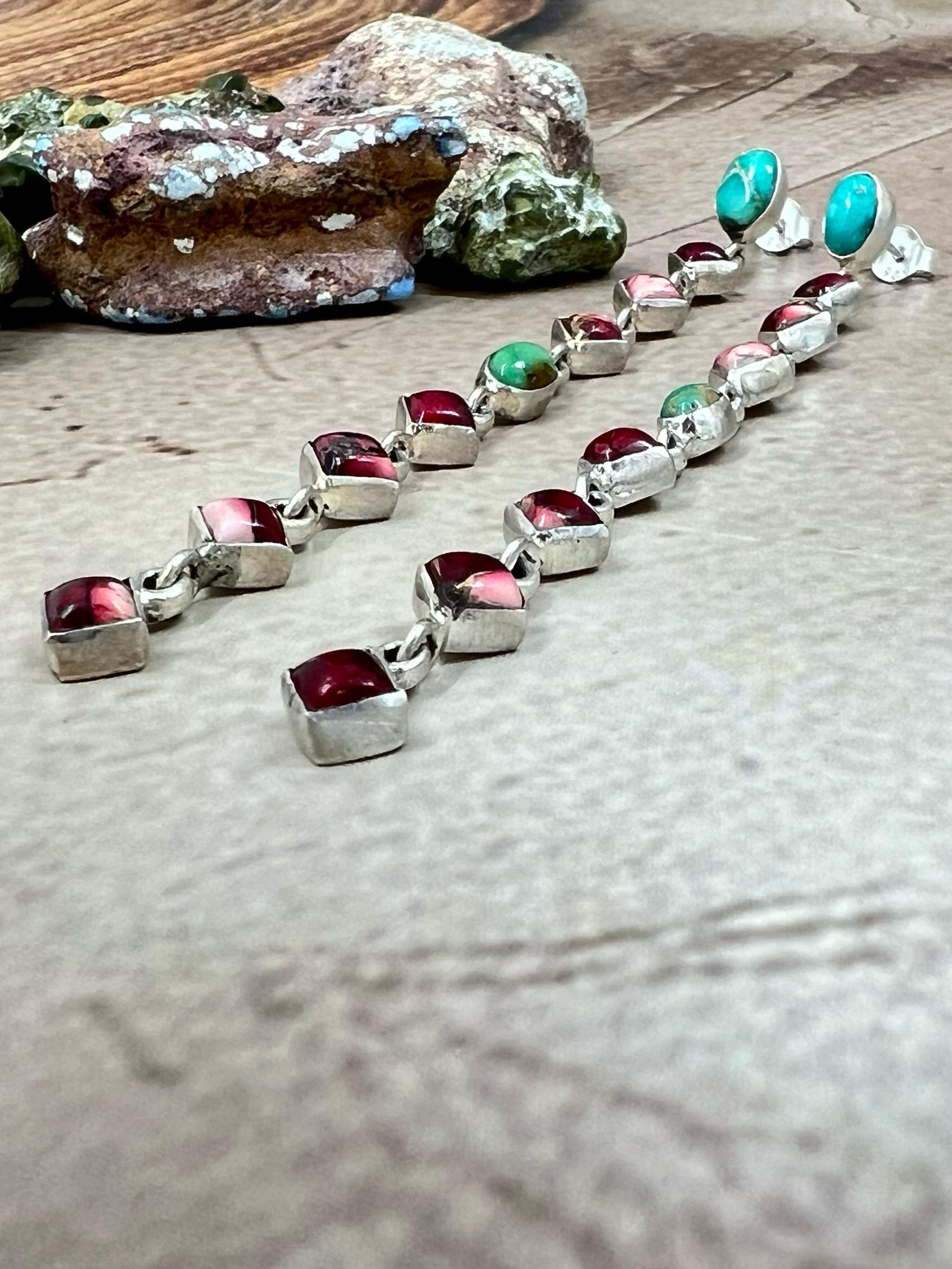 Handmade Sterling Silver Emerald Valley with Dahlia Rose Dangle Earrings with Signed Nizhoni