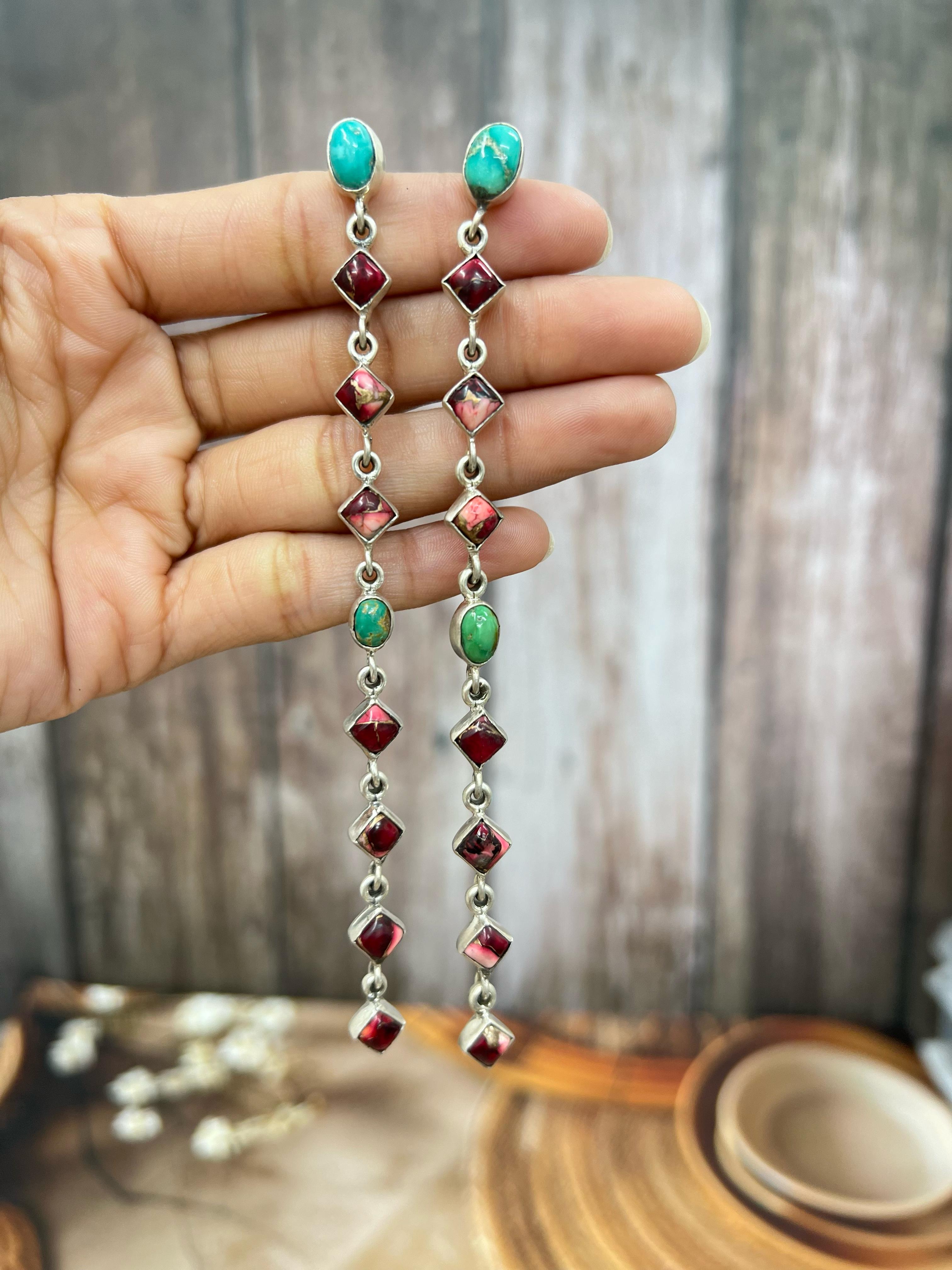 Handmade Sterling Silver Emerald Valley with Dahlia Rose Dangle Earrings with Signed Nizhoni