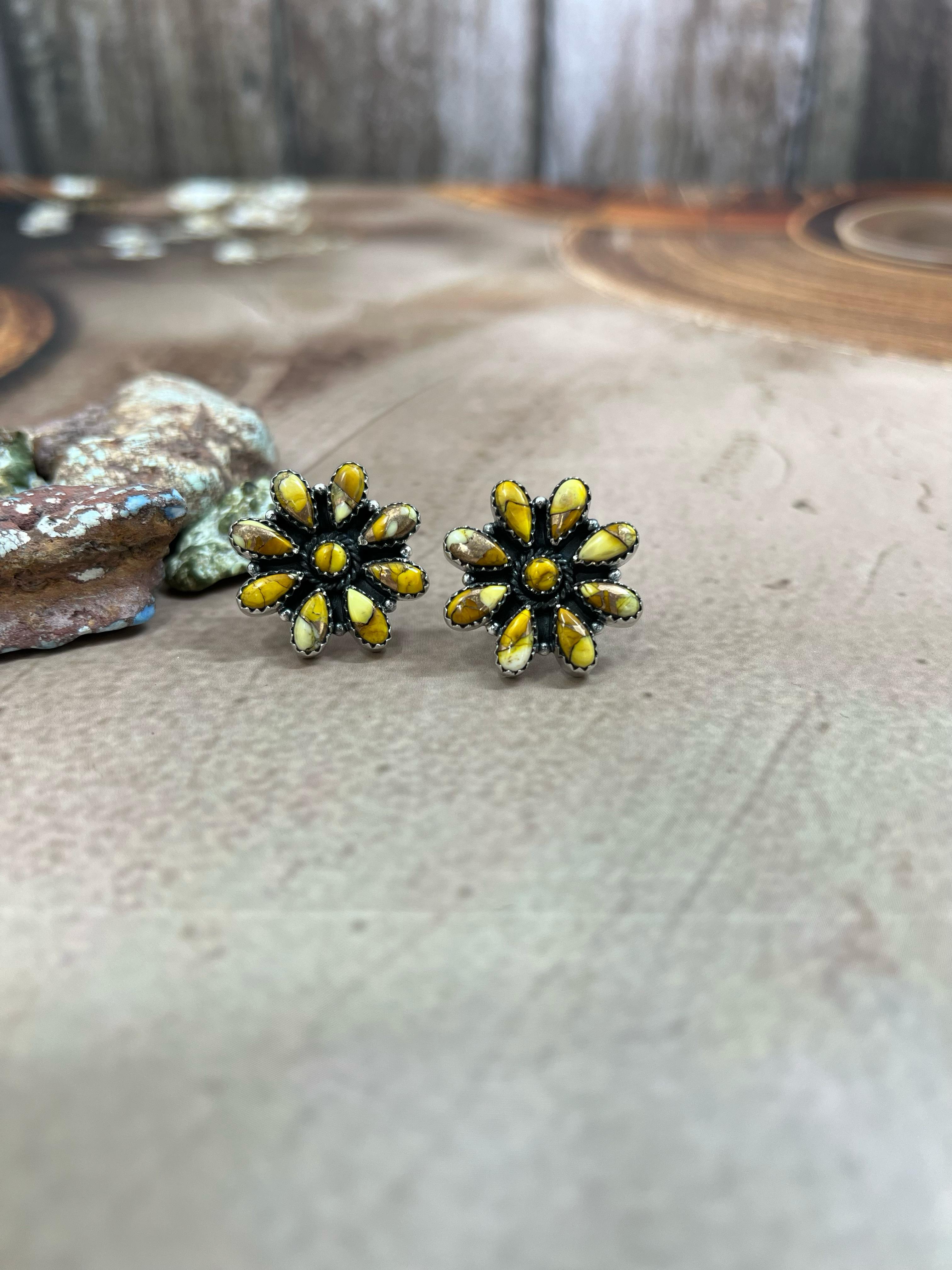 Handmade Sterling Silver Honey Dahlia Post Earrings with Signed Nizhoni