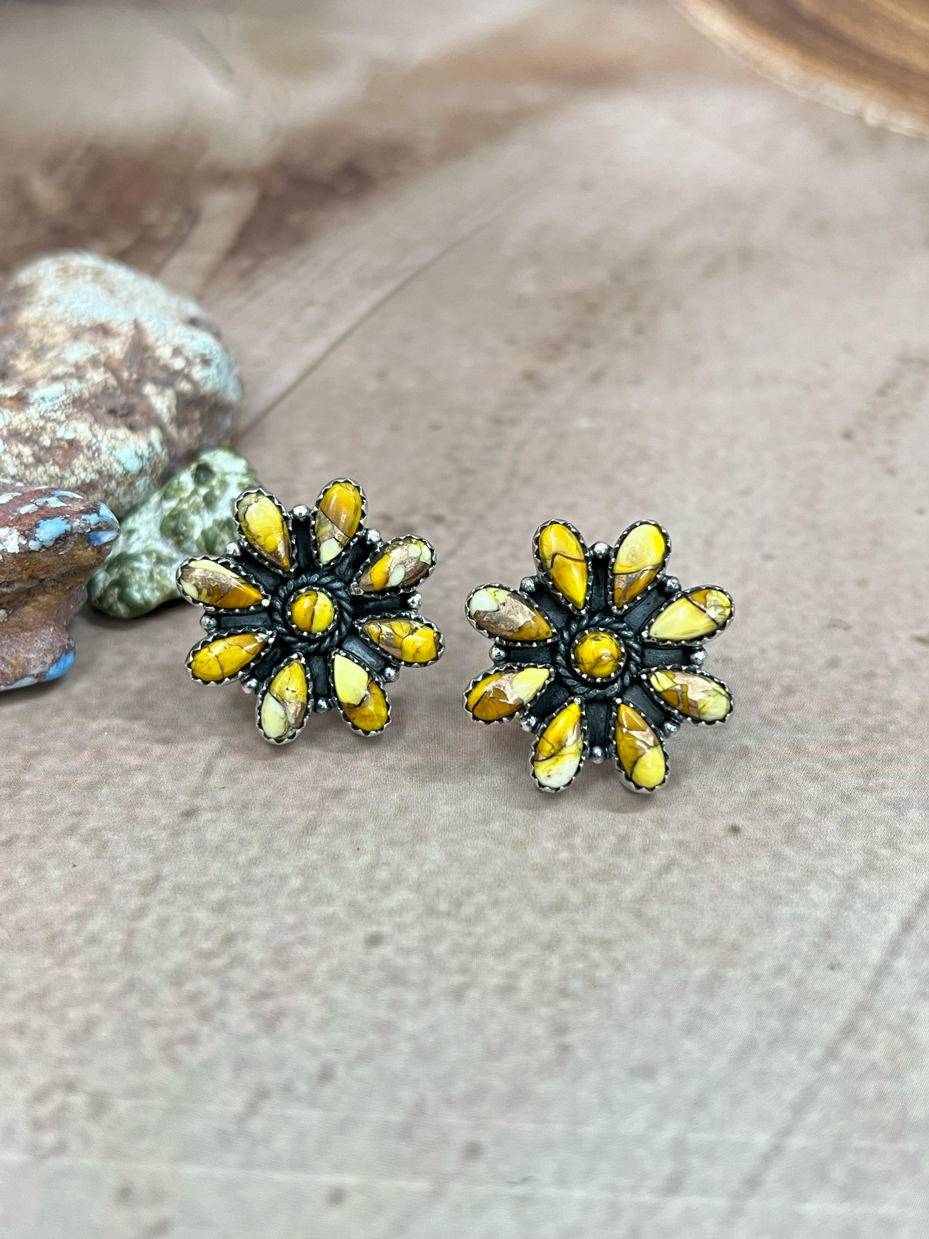 Handmade Sterling Silver Honey Dahlia Post Earrings with Signed Nizhoni