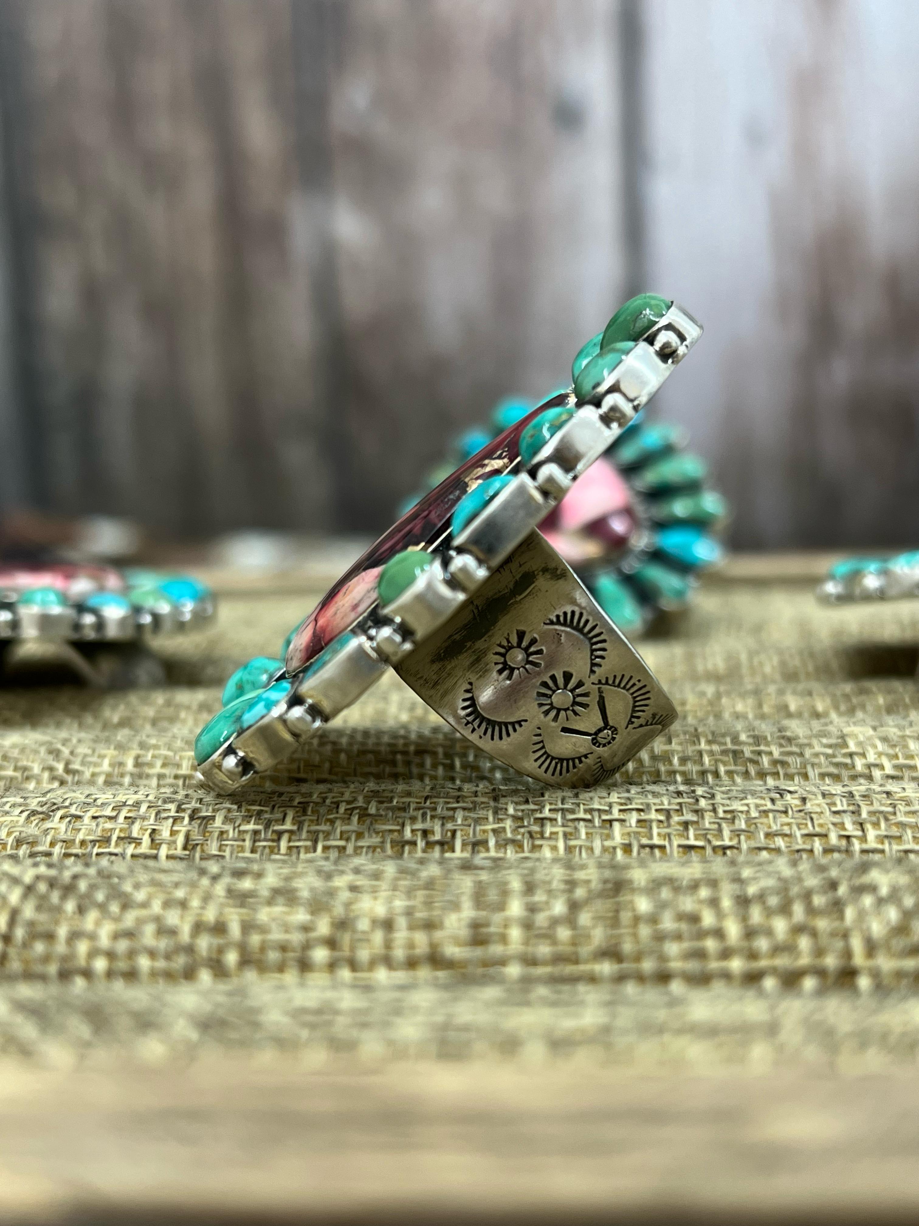 Handmade Sterling Silver Emerald Valley with Dahlia Rose Adjustable Ring, Signed Nizhoni