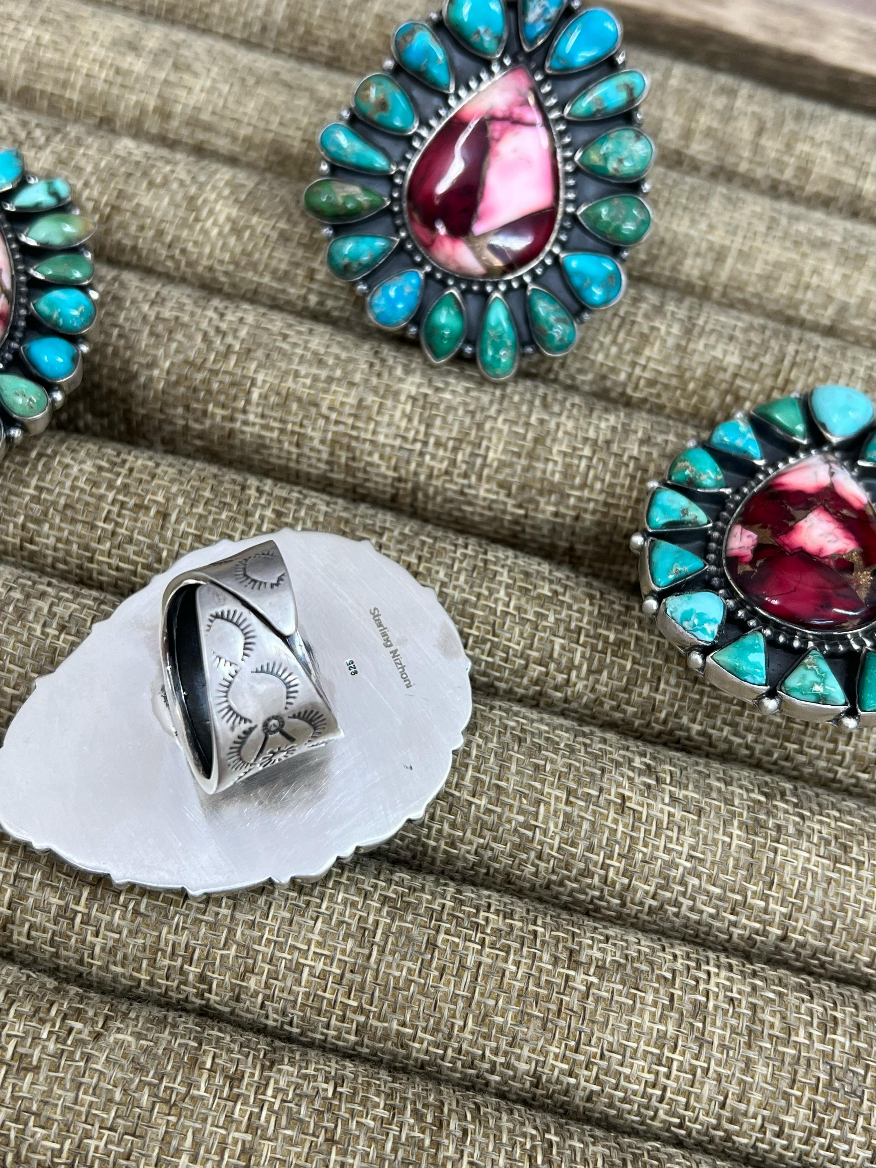 Handmade Sterling Silver Emerald Valley with Dahlia Rose Adjustable Ring, Signed Nizhoni