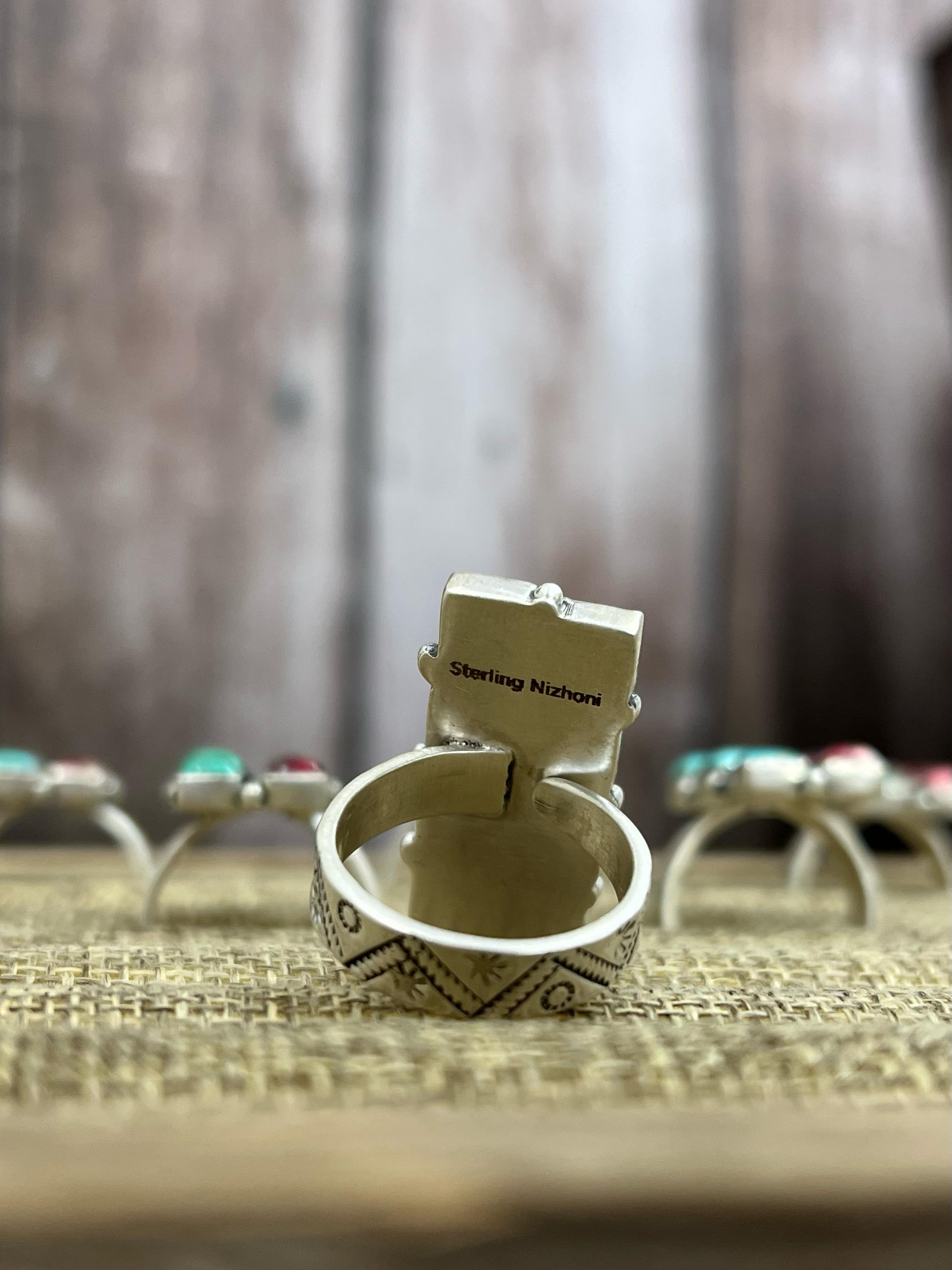 Handmade Sterling Silver Emerald Valley with Dahlia Rose Adjustable Ring, Signed Nizhoni