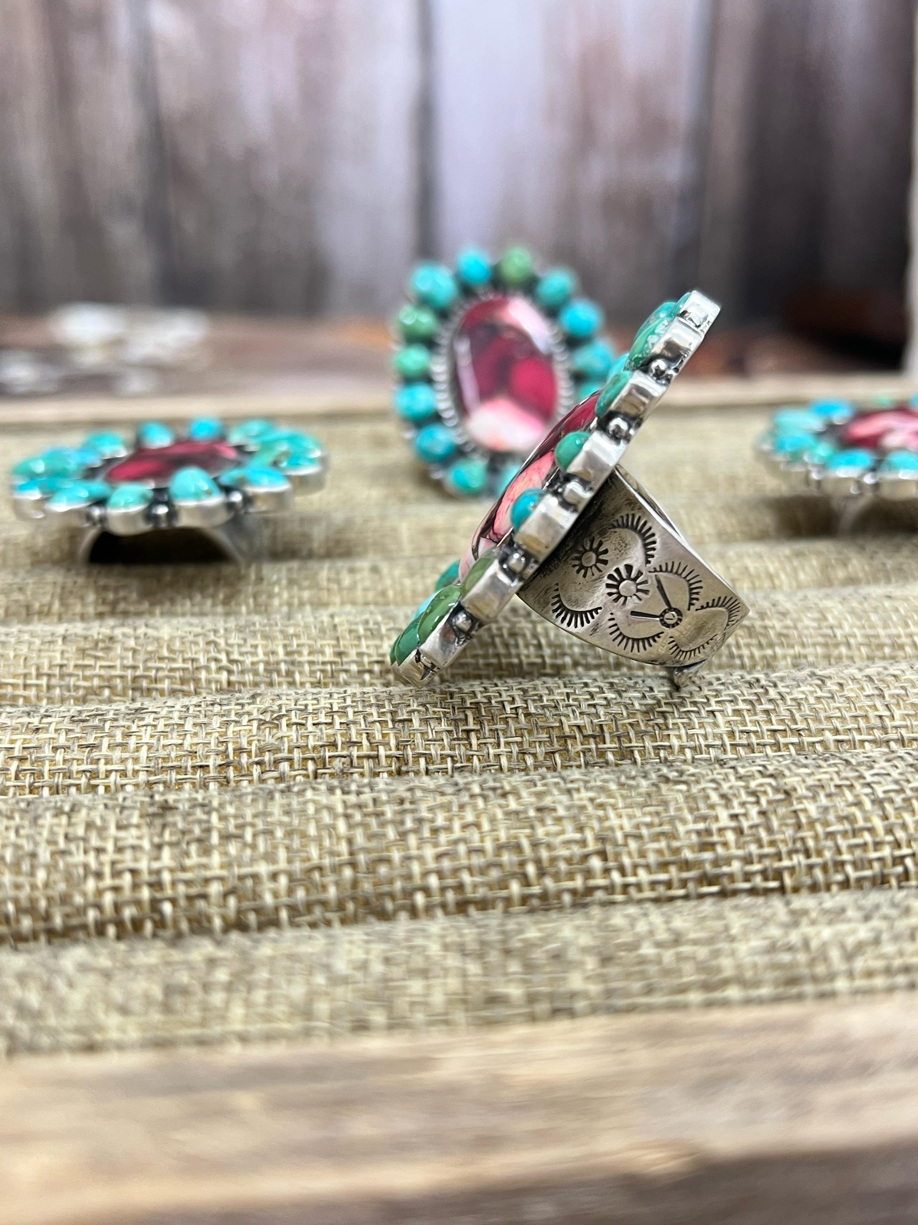 Handmade Sterling Silver Emerald Valley with Dahlia Rose Adjustable Ring, Signed Nizhoni