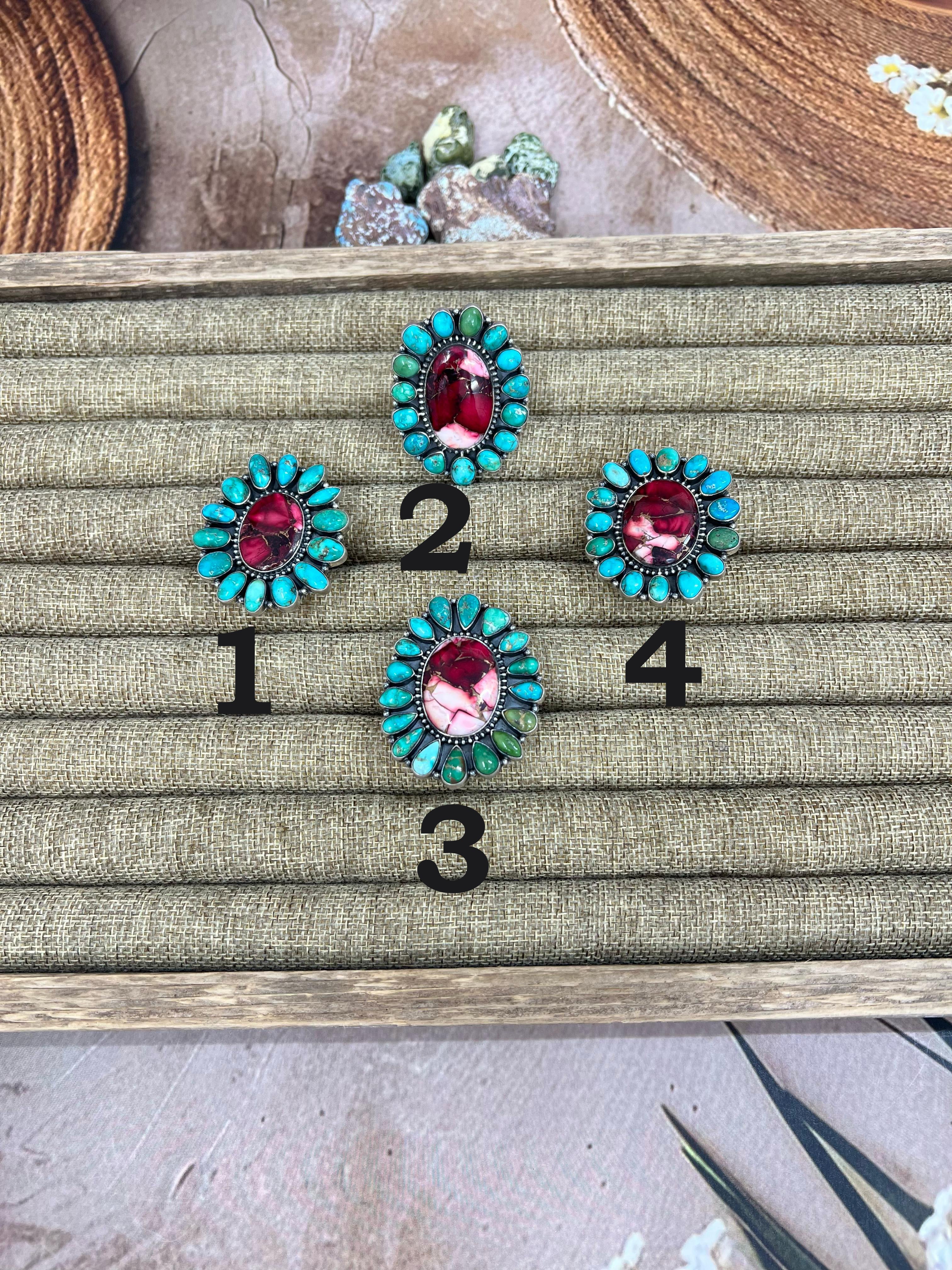 Handmade Sterling Silver Emerald Valley with Dahlia Rose Adjustable Ring, Signed Nizhoni