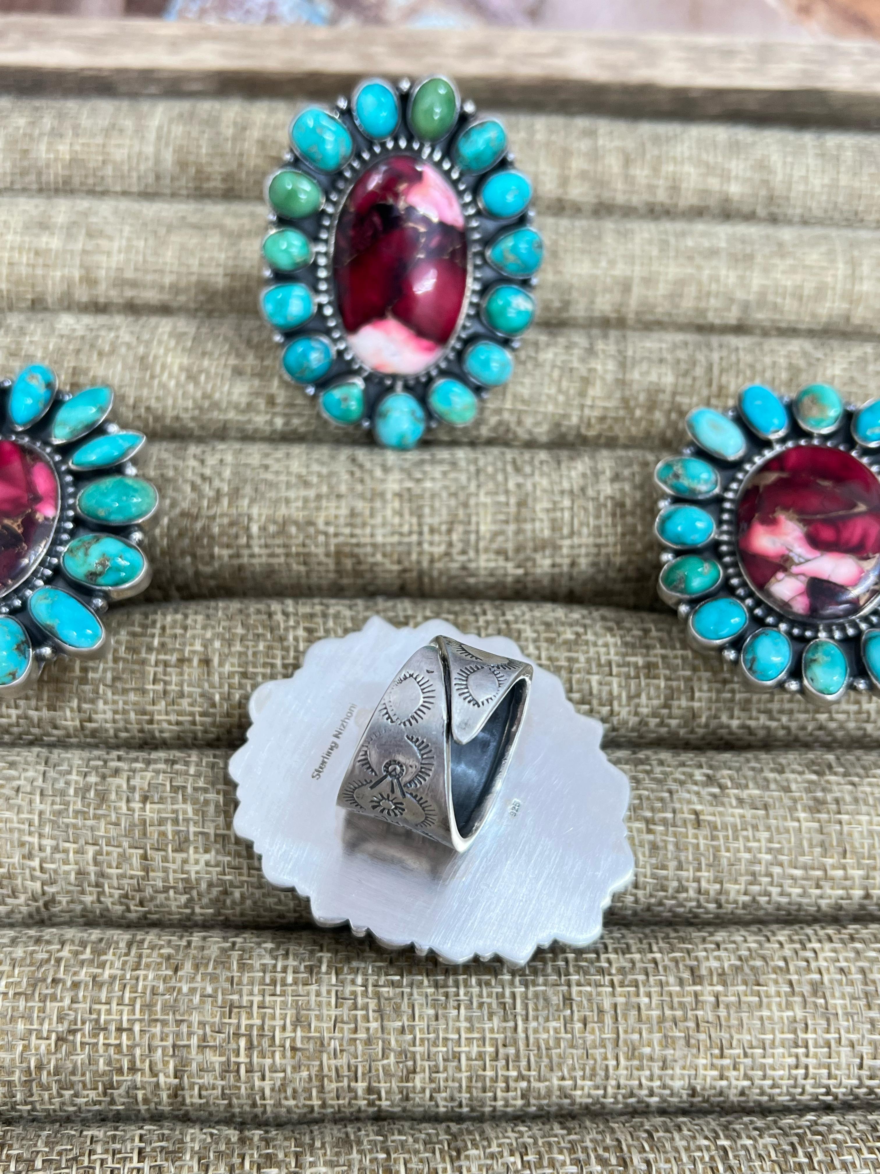 Handmade Sterling Silver Emerald Valley with Dahlia Rose Adjustable Ring, Signed Nizhoni