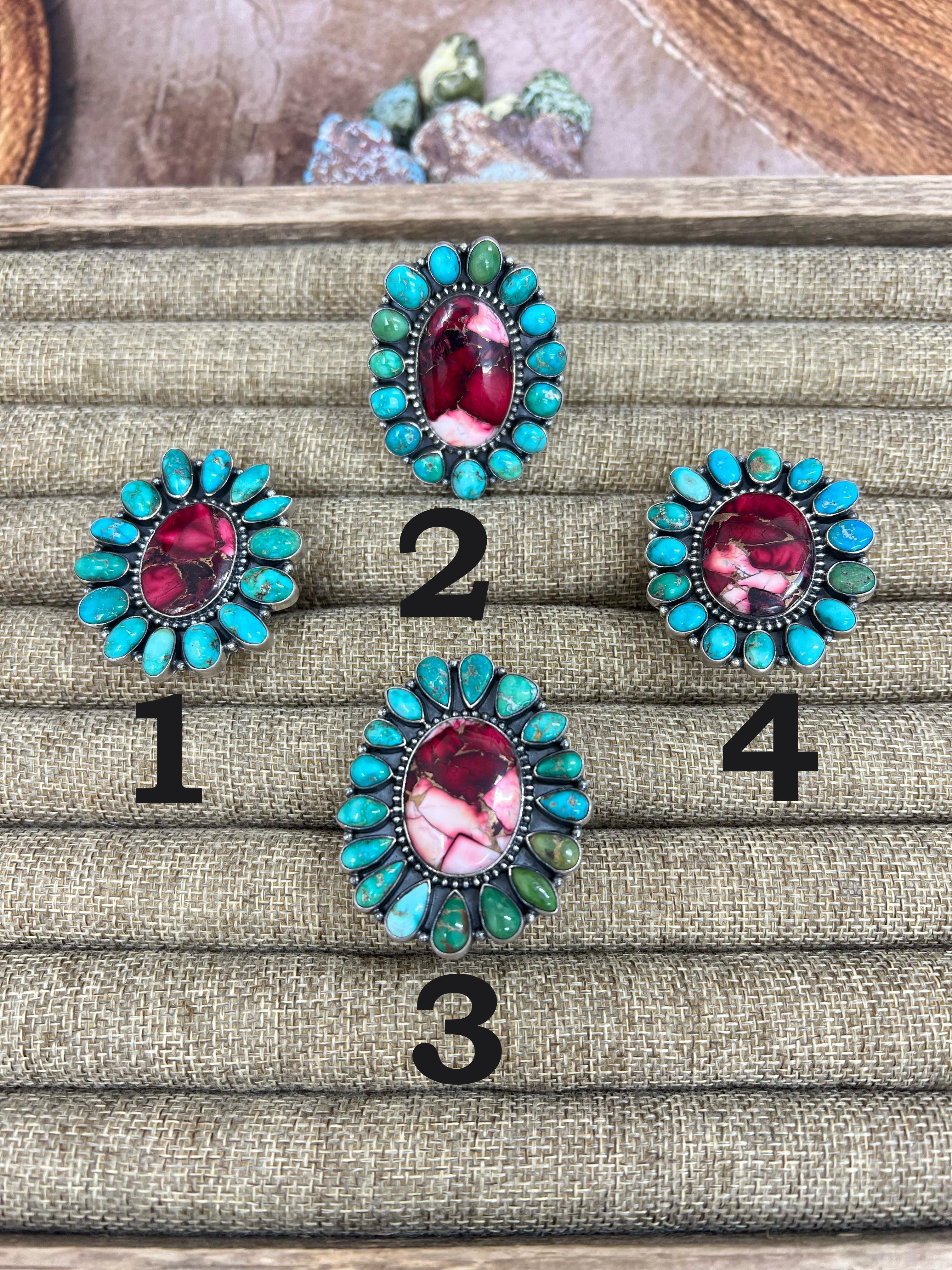 Handmade Sterling Silver Emerald Valley with Dahlia Rose Adjustable Ring, Signed Nizhoni