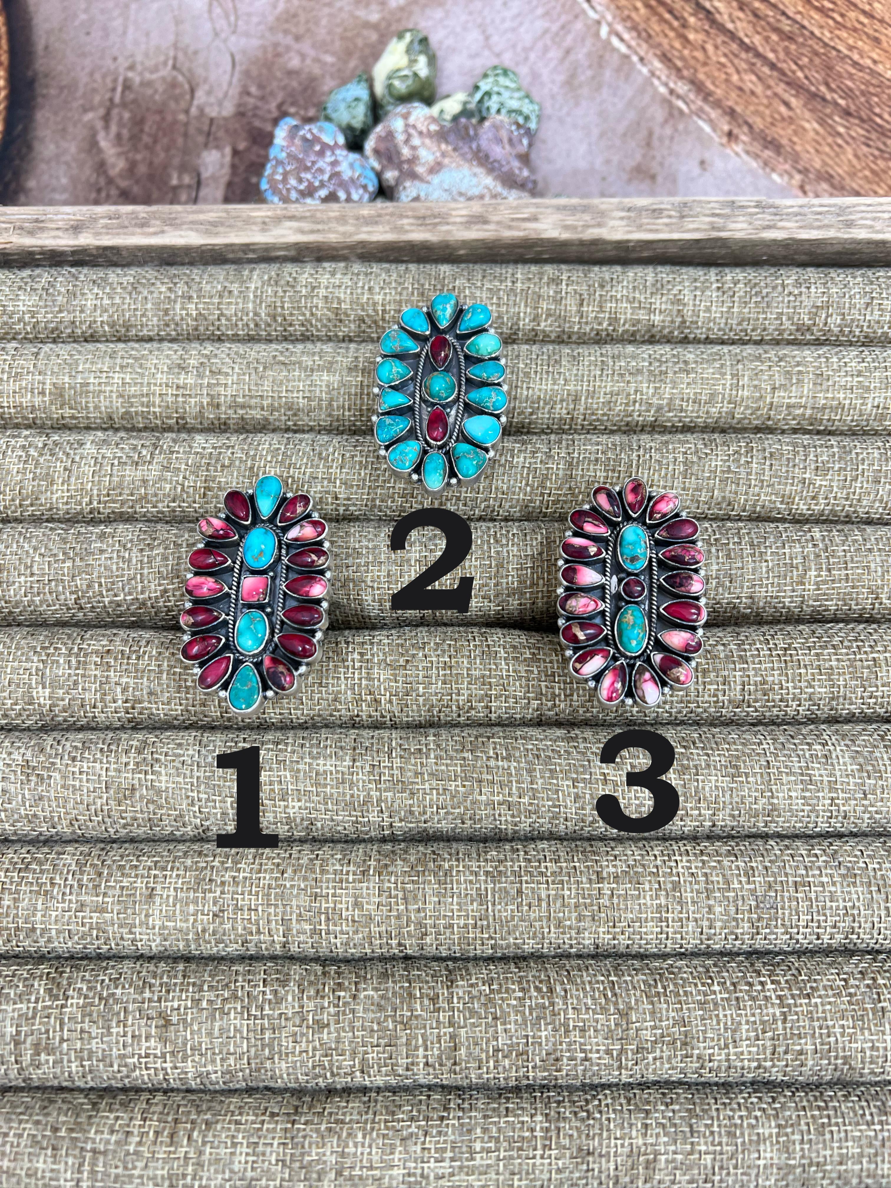 Handmade Sterling Silver Emerald Valley with Dahlia Rose Adjustable Ring, Signed Nizhoni