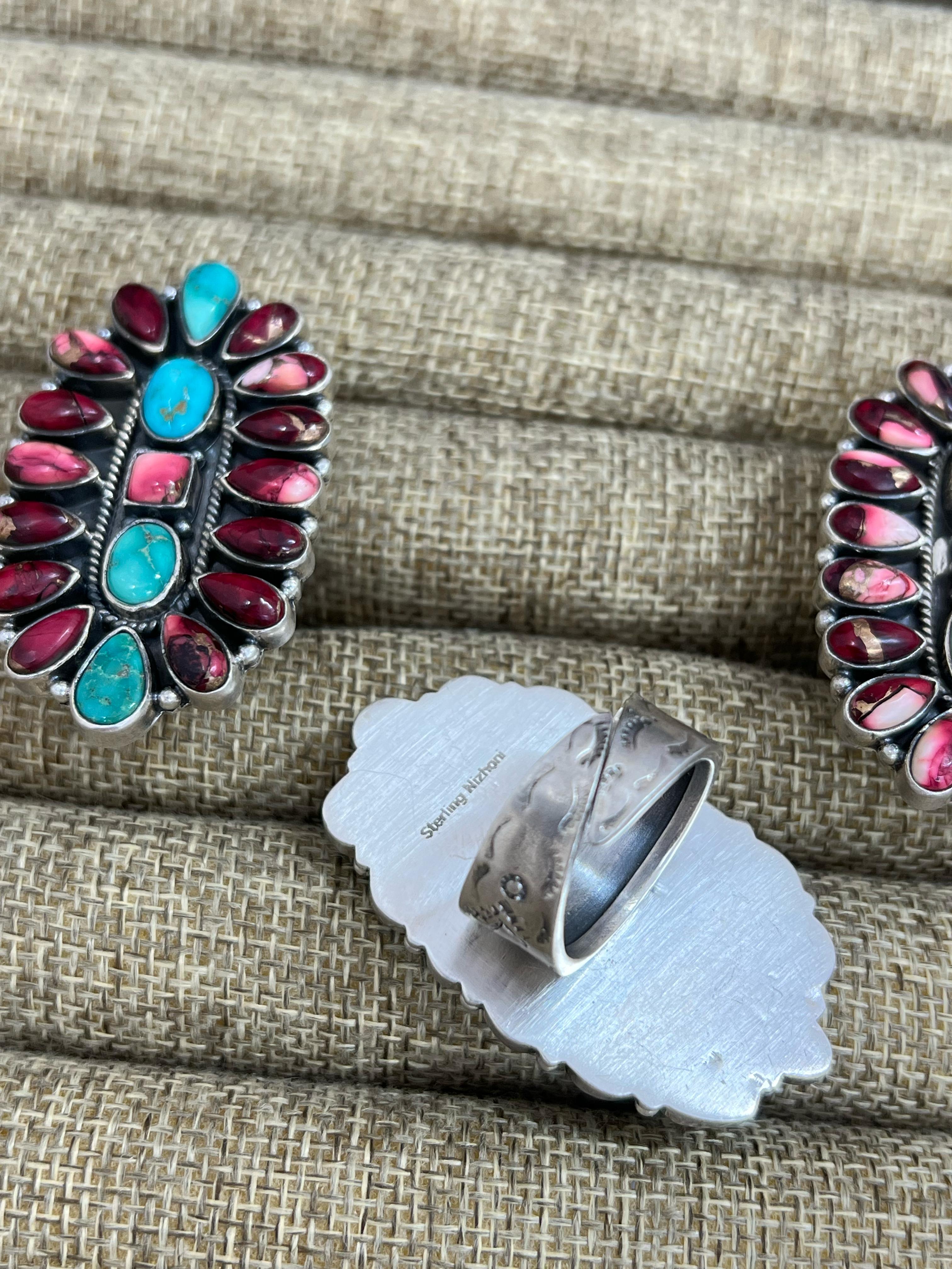 Handmade Sterling Silver Emerald Valley with Dahlia Rose Adjustable Ring, Signed Nizhoni