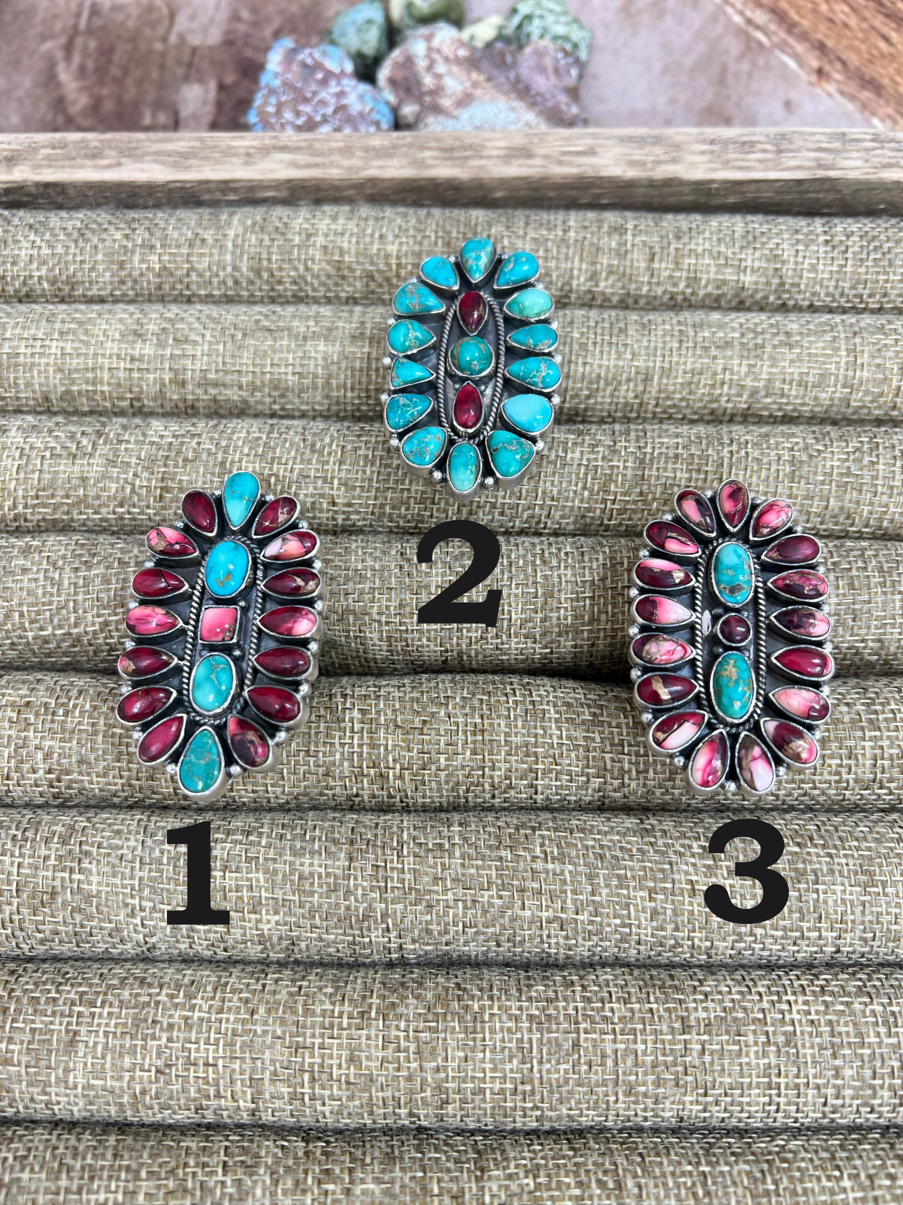 Handmade Sterling Silver Emerald Valley with Dahlia Rose Adjustable Ring, Signed Nizhoni