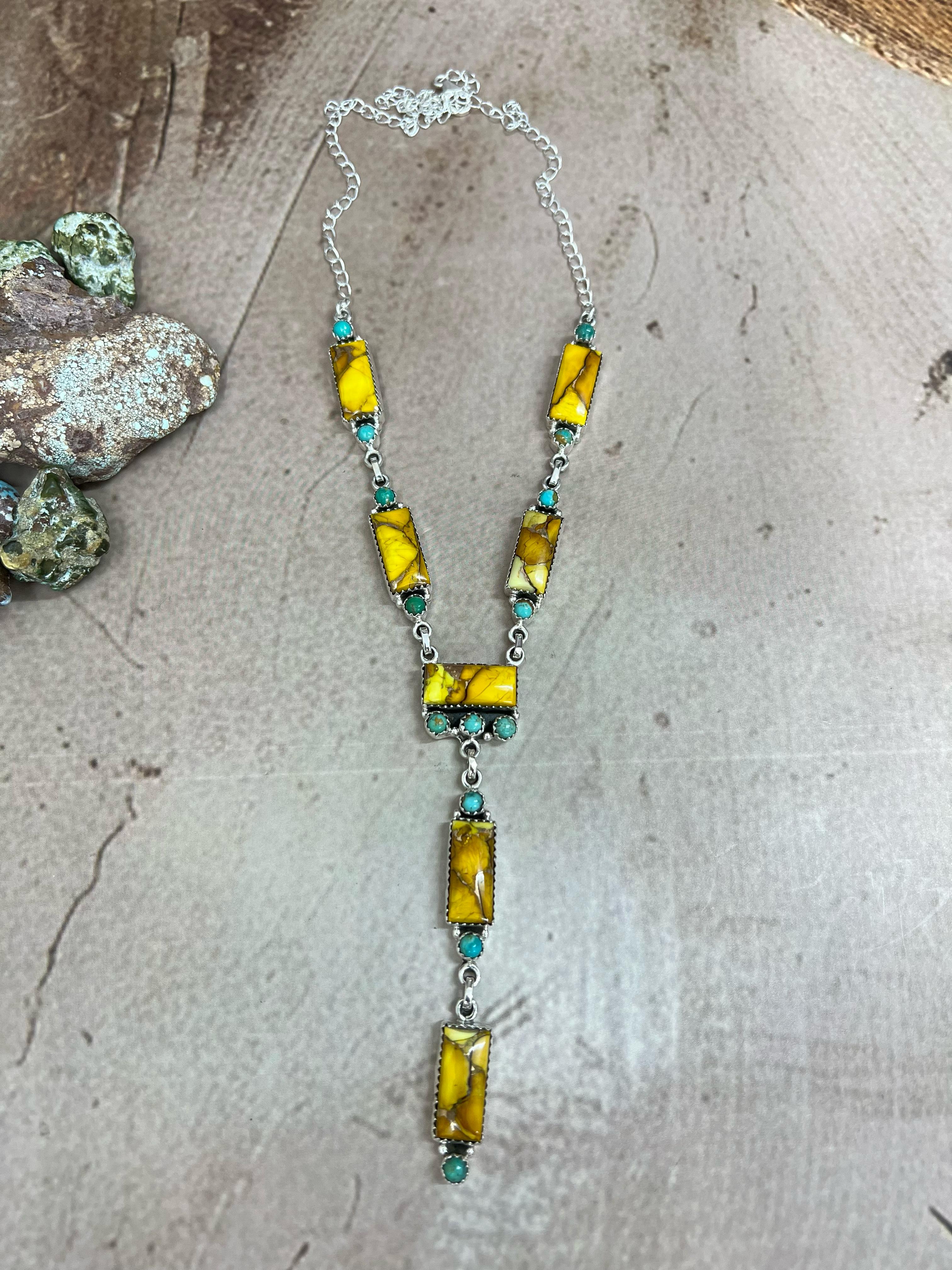 Handmade Sterling Silver Honey Dahlia with Kingman Turquoise Necklace, Signed Nizhoni