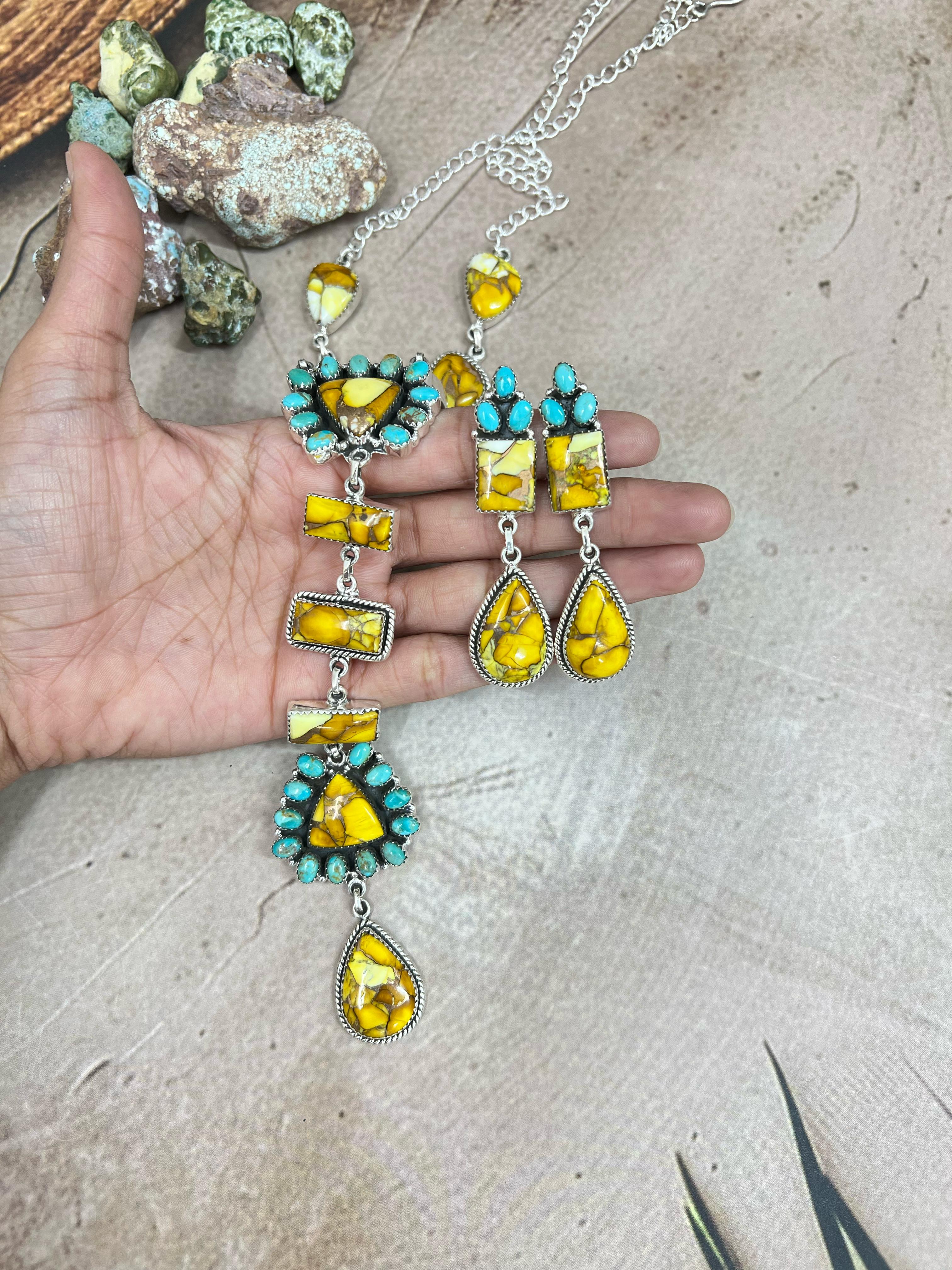 Handmade Sterling Silver Honey Dahlia with Kingman Turquoise Necklace Post Earrings, Signed Nizhoni