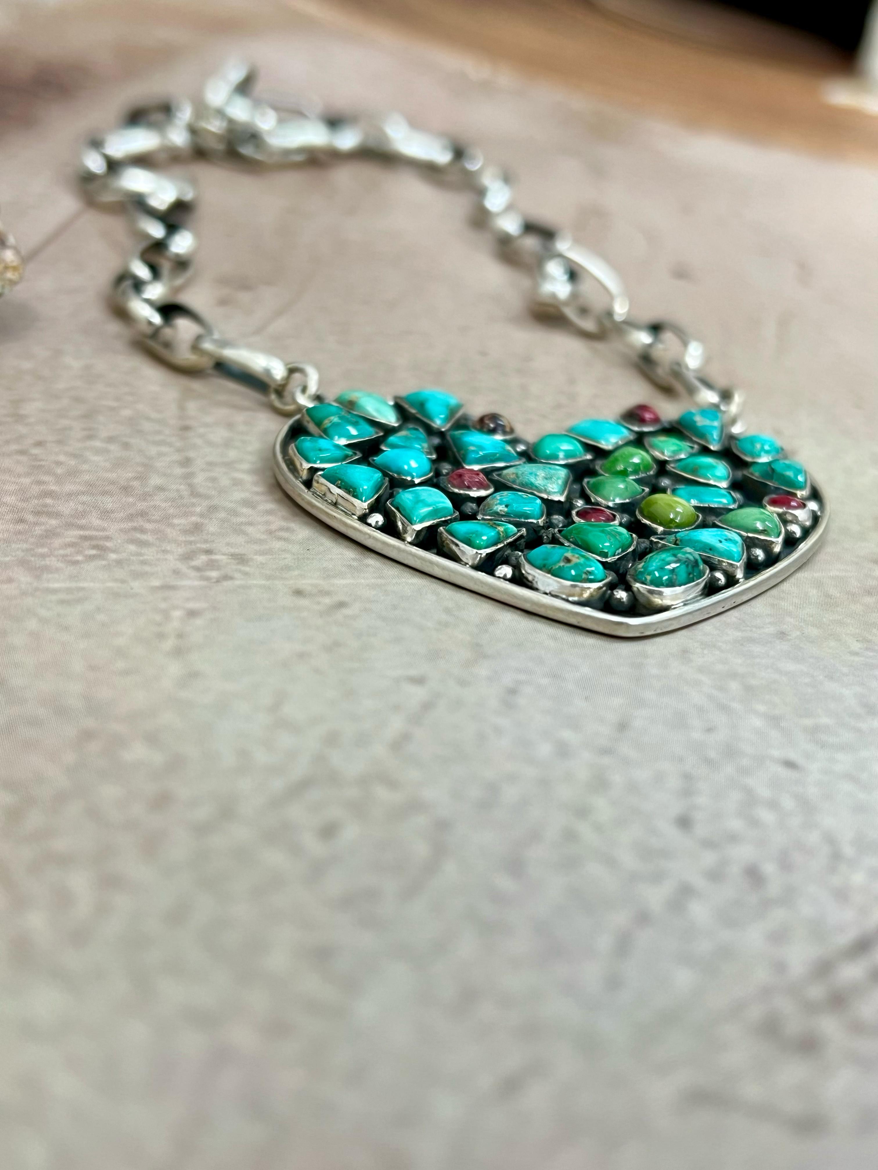 Handmade Sterling Silver Emerald Valley Turquoise with Dahlia Rose Heart Necklace, Signed Nizhoni