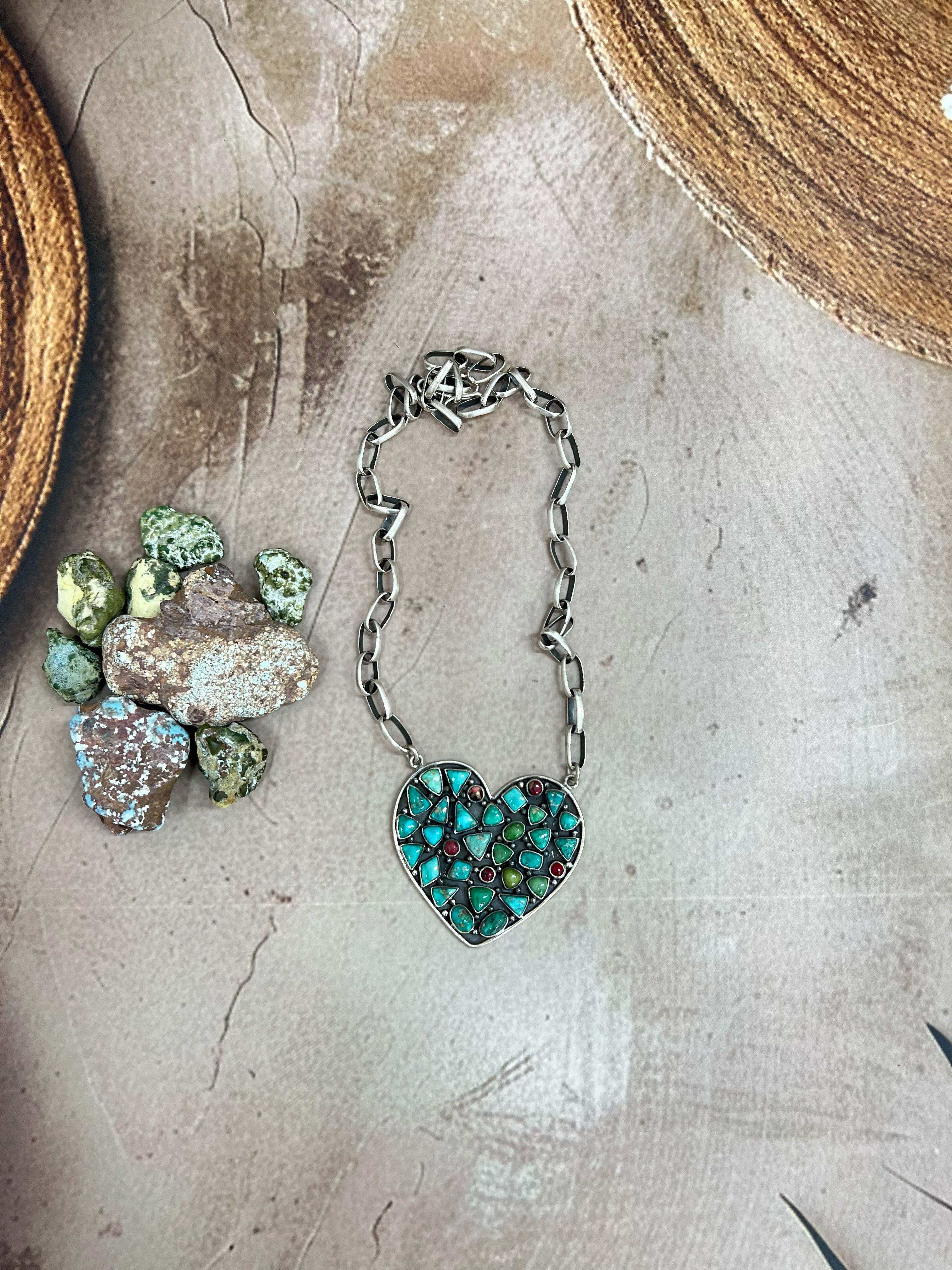 Handmade Sterling Silver Emerald Valley Turquoise with Dahlia Rose Heart Necklace, Signed Nizhoni