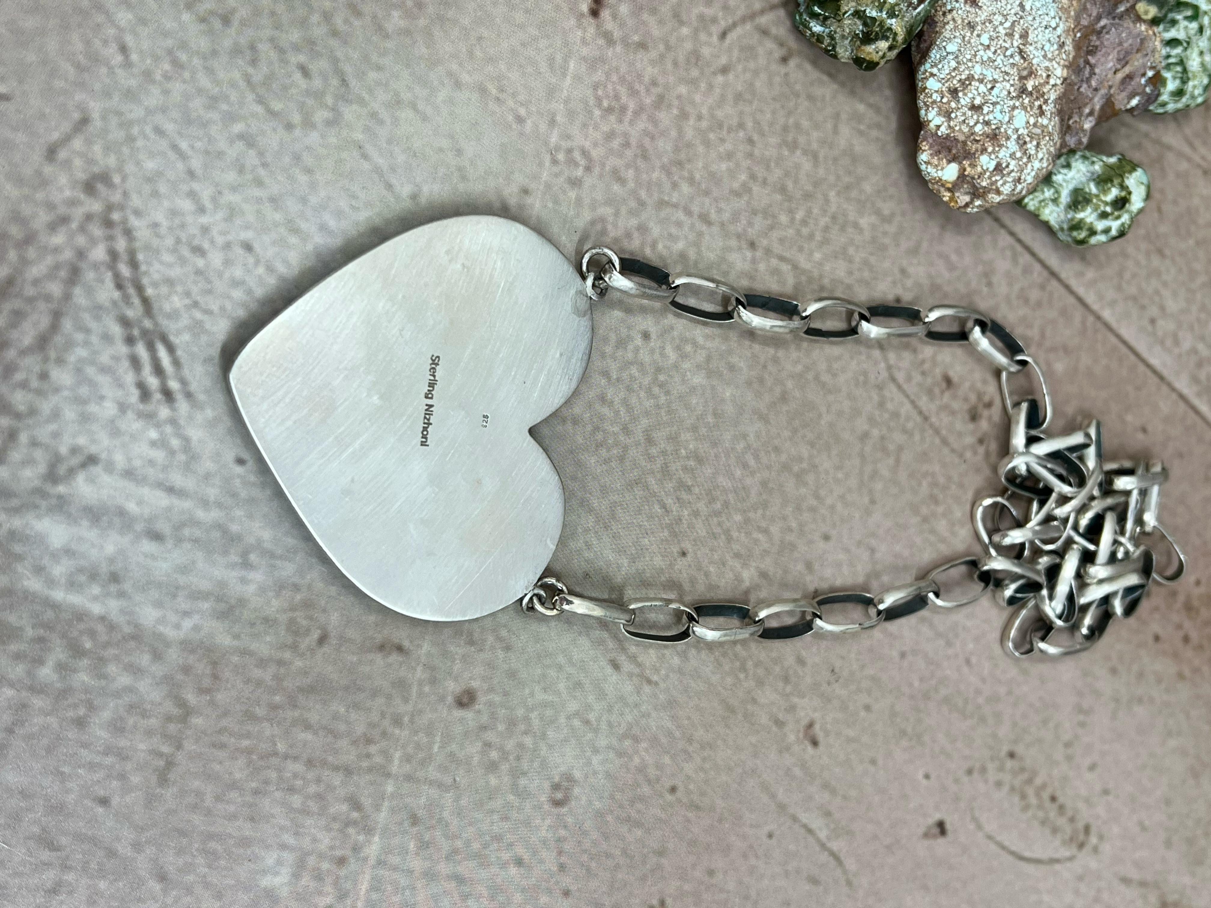 Handmade Sterling Silver Emerald Valley Turquoise with Dahlia Rose Heart Necklace, Signed Nizhoni