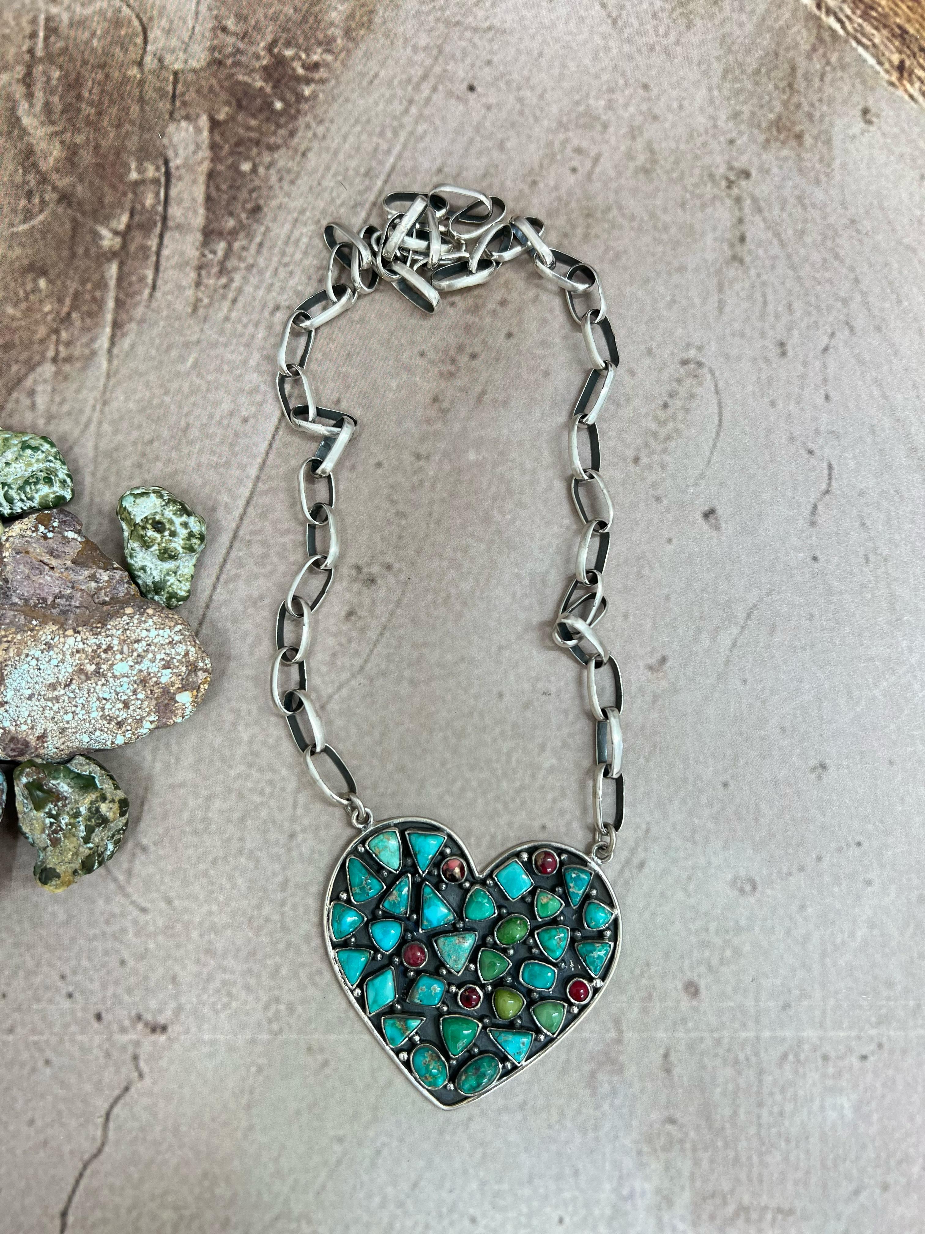 Handmade Sterling Silver Emerald Valley Turquoise with Dahlia Rose Heart Necklace, Signed Nizhoni