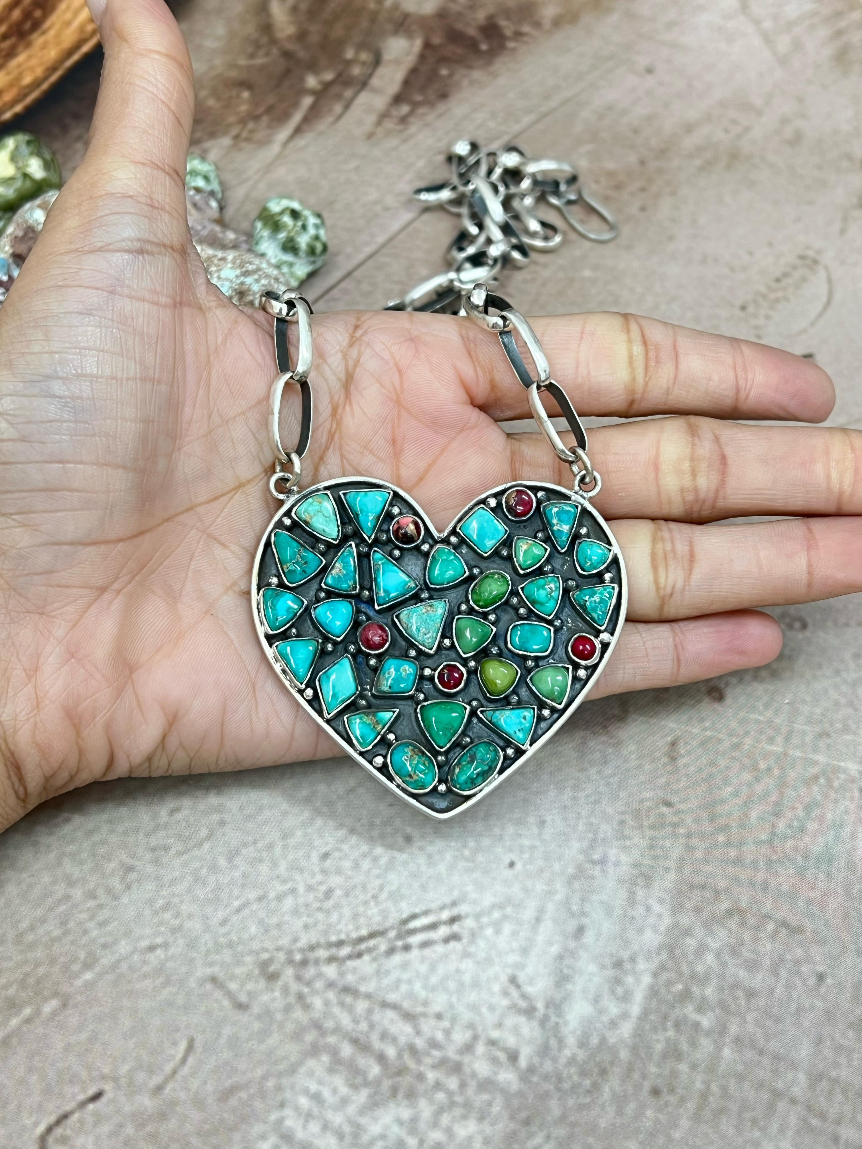 Handmade Sterling Silver Emerald Valley Turquoise with Dahlia Rose Heart Necklace, Signed Nizhoni