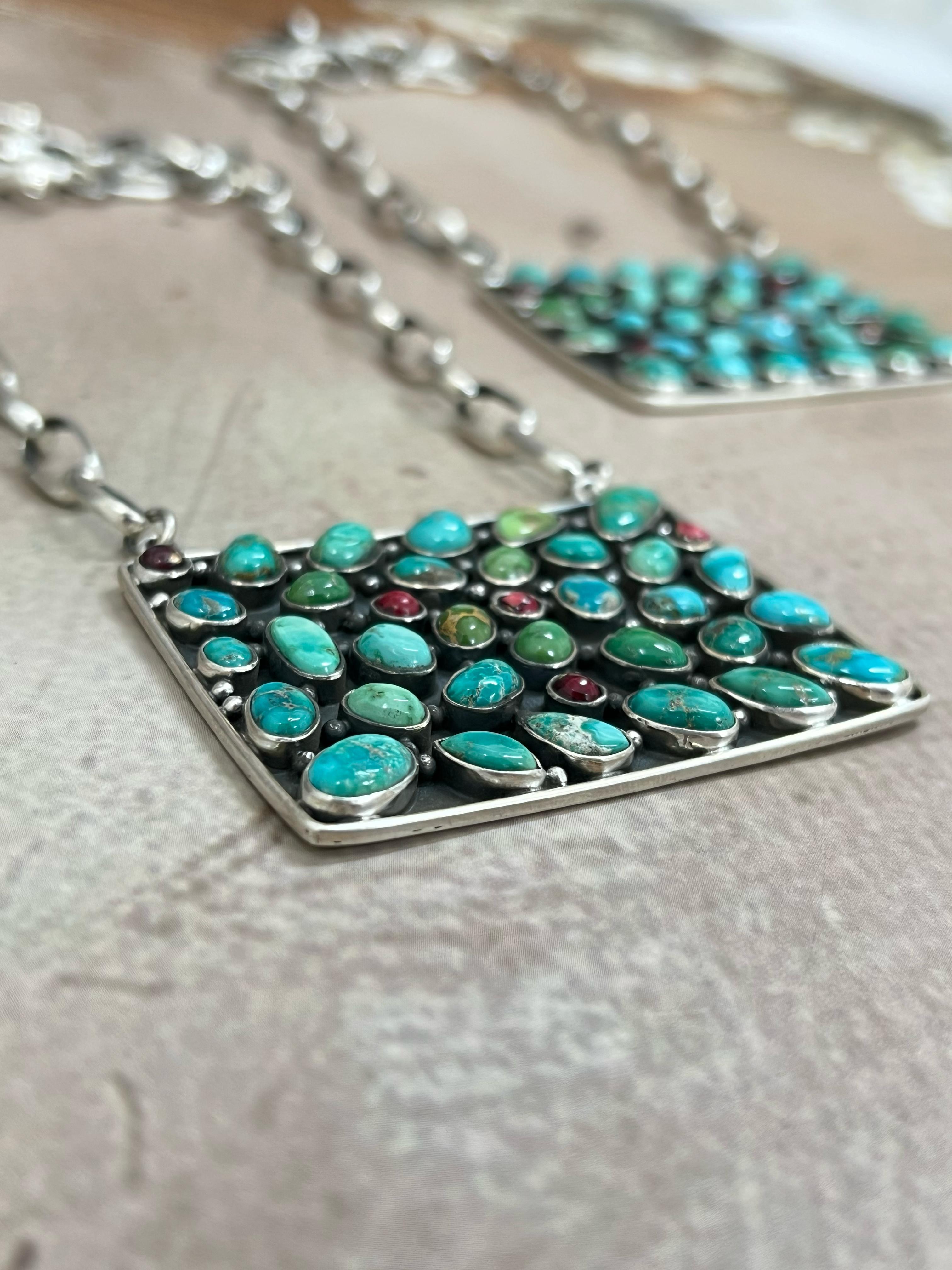 Handmade Sterling Silver Emerald Valley Turquoise with Dahlia Rose Necklace, Signed Nizhoni