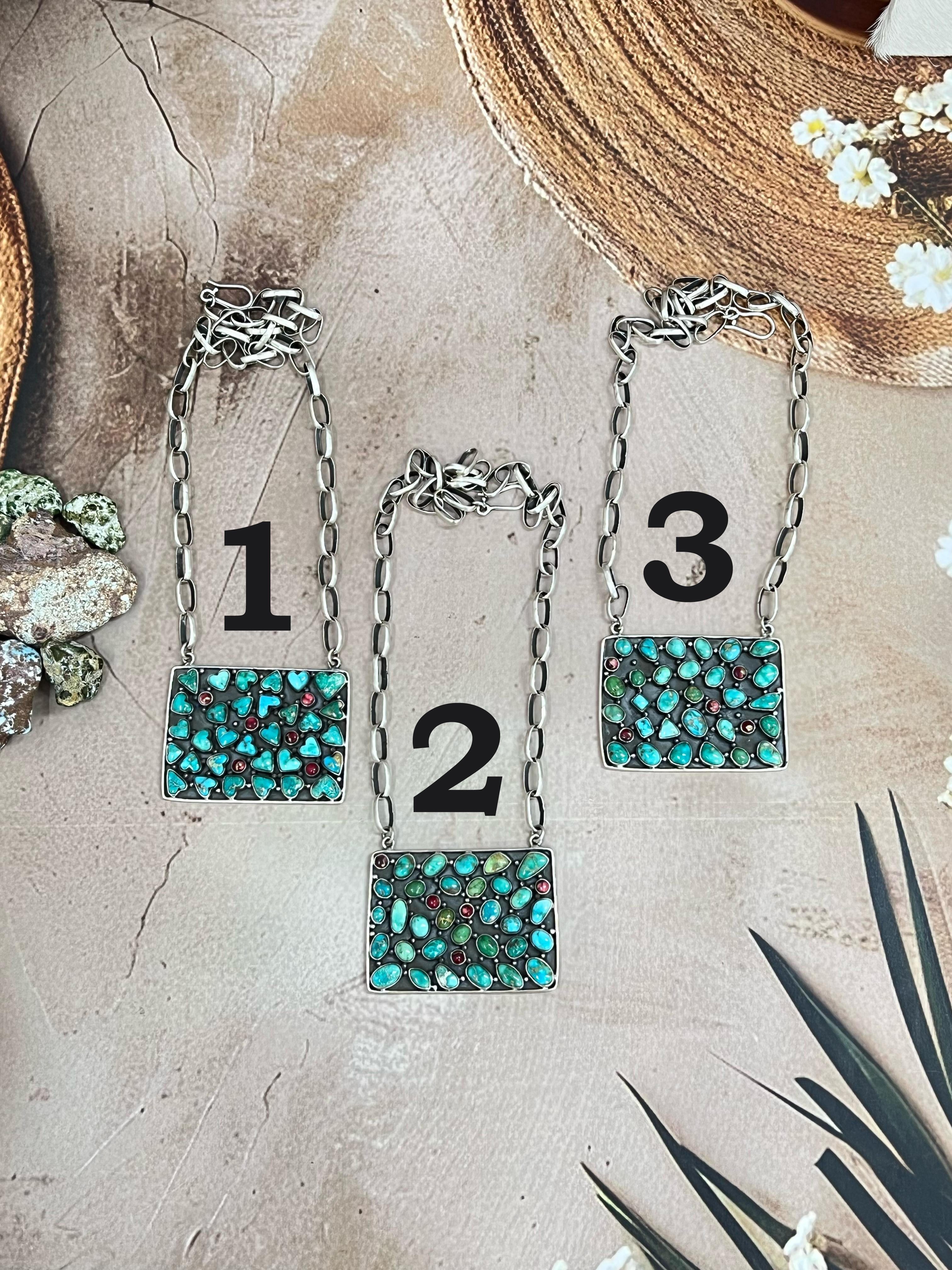 Handmade Sterling Silver Emerald Valley Turquoise with Dahlia Rose Necklace, Signed Nizhoni