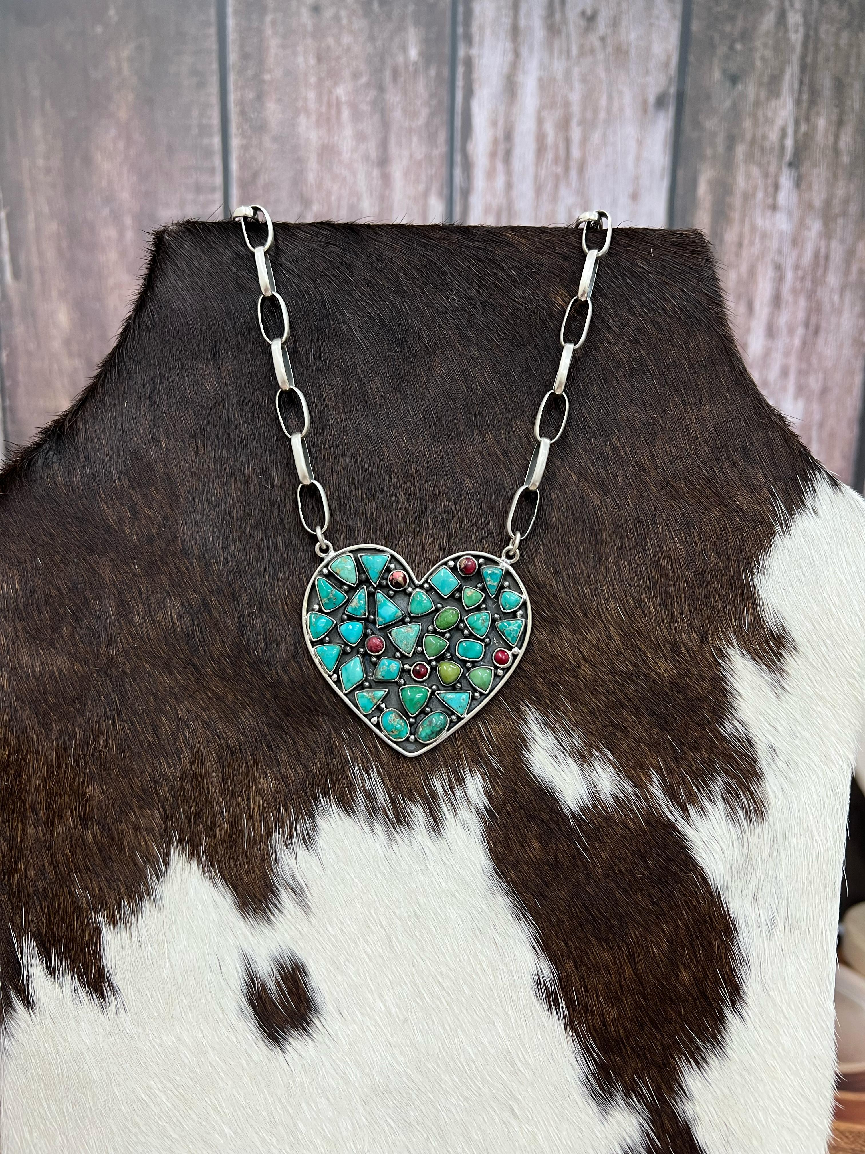 Handmade Sterling Silver Emerald Valley Turquoise with Dahlia Rose Heart Necklace, Signed Nizhoni