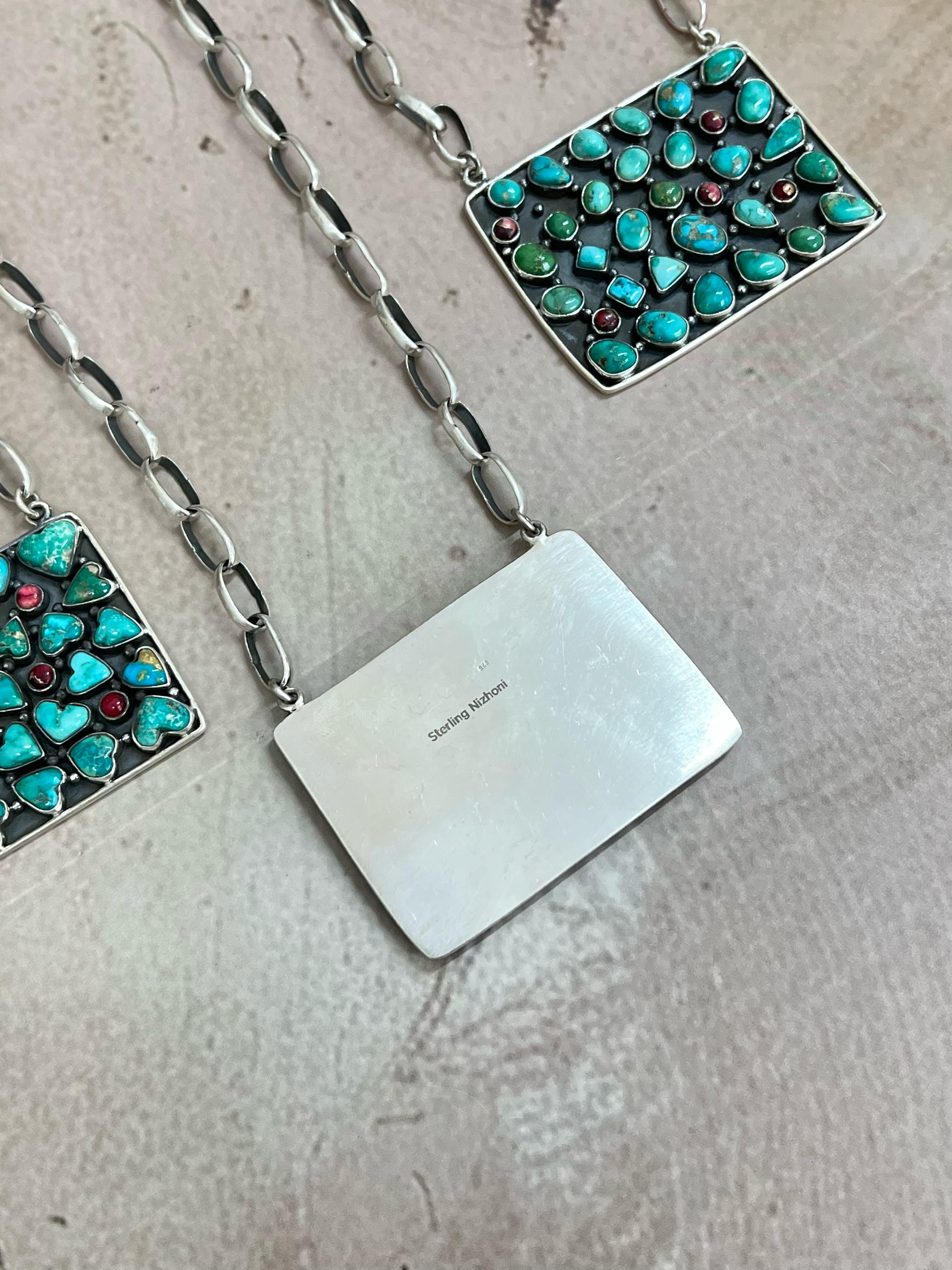 Handmade Sterling Silver Emerald Valley Turquoise with Dahlia Rose Necklace, Signed Nizhoni