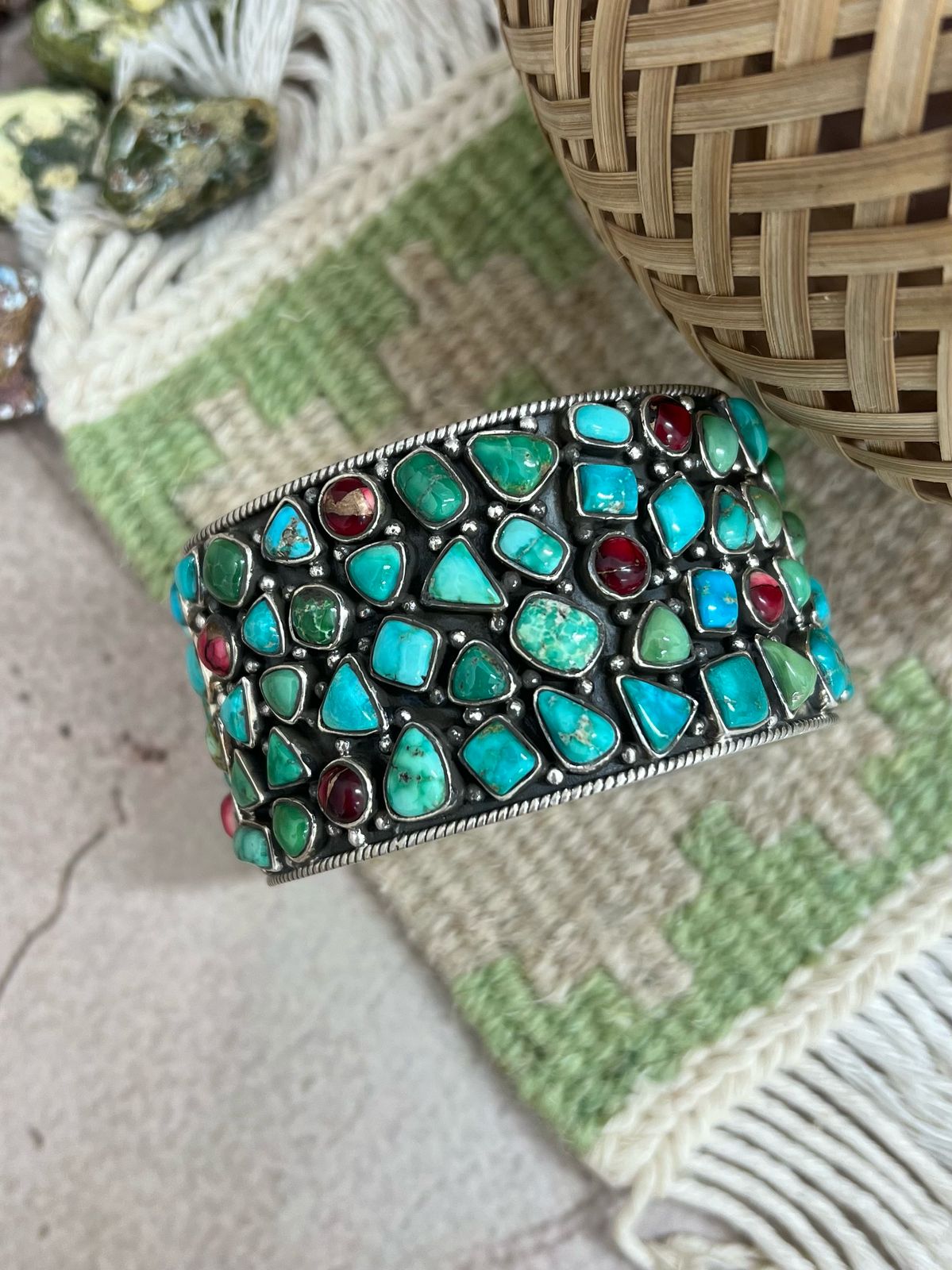 Handmade Sterling Silver Emerald Valley with Dahlia Rose Bracelet with Signed Nizhoni