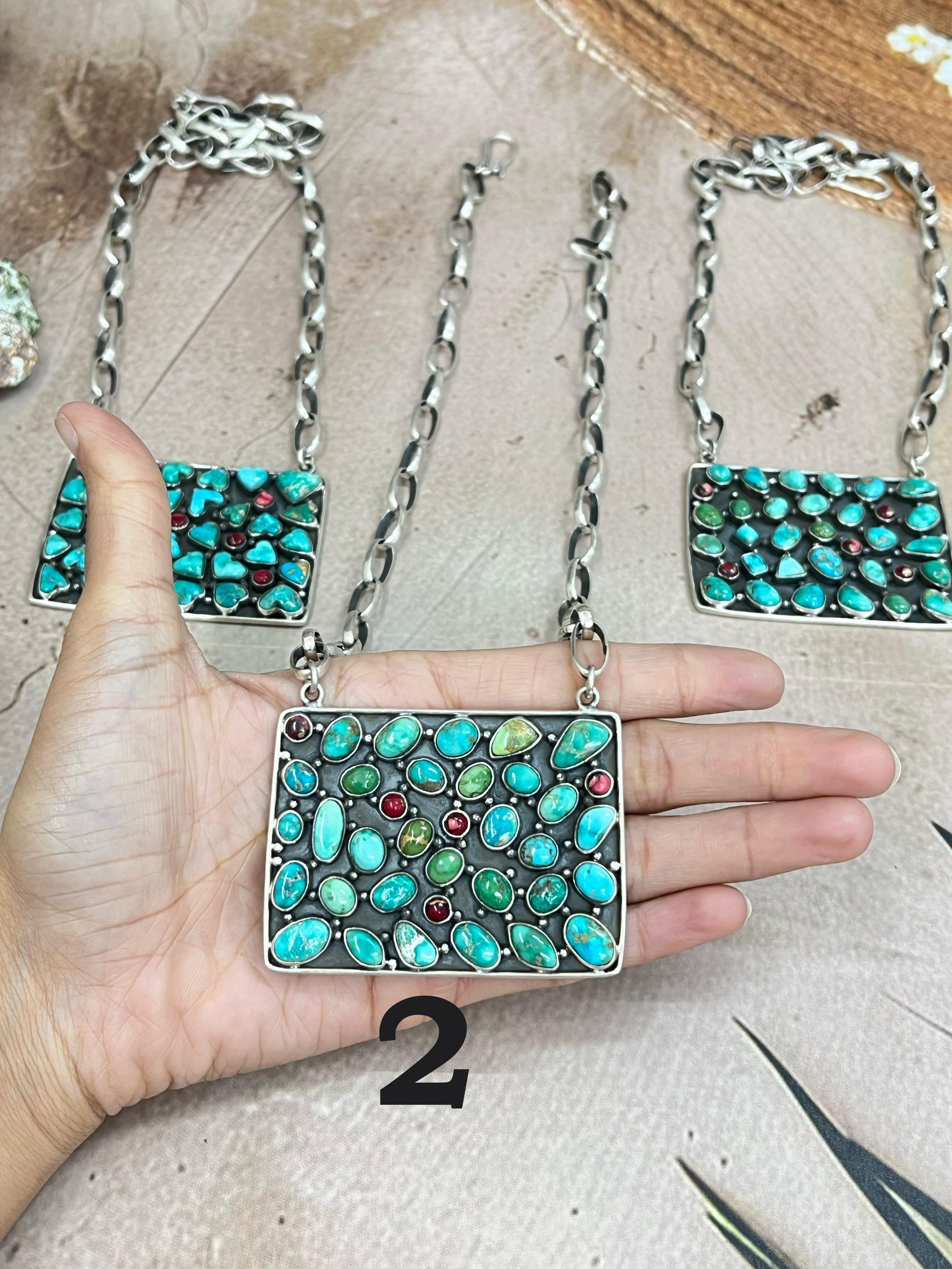 Handmade Sterling Silver Emerald Valley Turquoise with Dahlia Rose Necklace, Signed Nizhoni