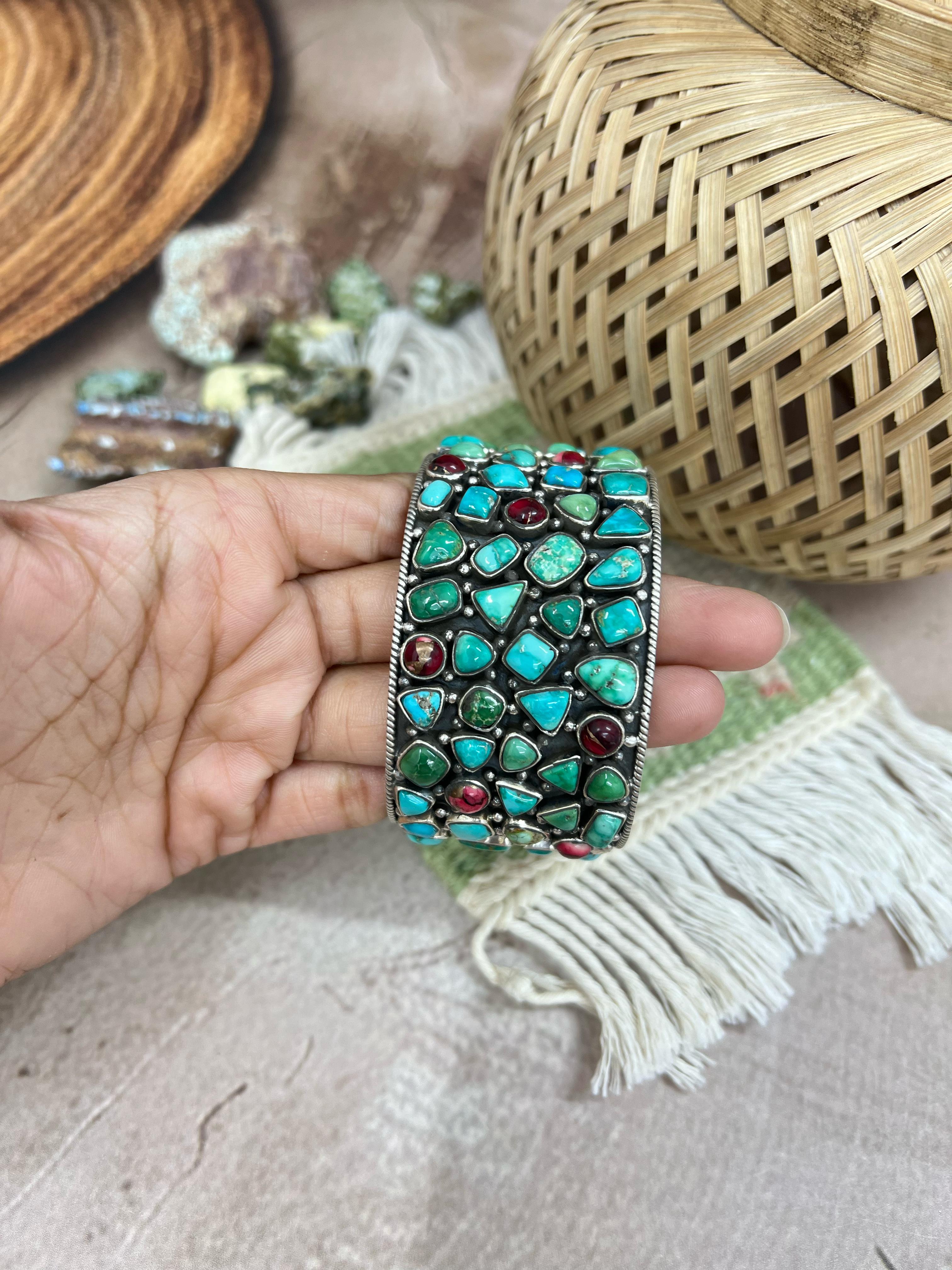 Handmade Sterling Silver Emerald Valley with Dahlia Rose Bracelet with Signed Nizhoni