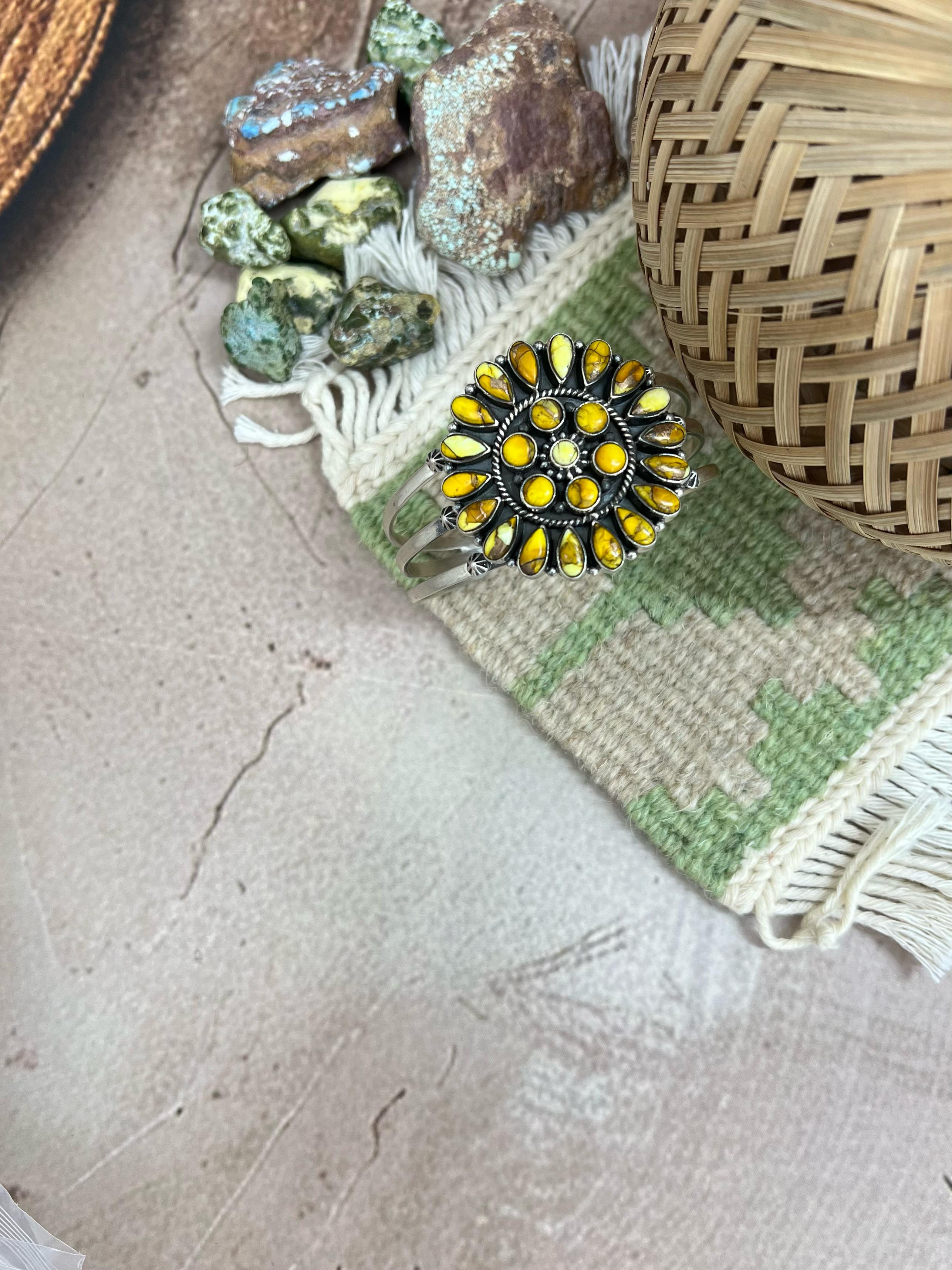 Handmade Sterling Silver Honey Dahlia Cuff Bracelet with Signed Nizhoni